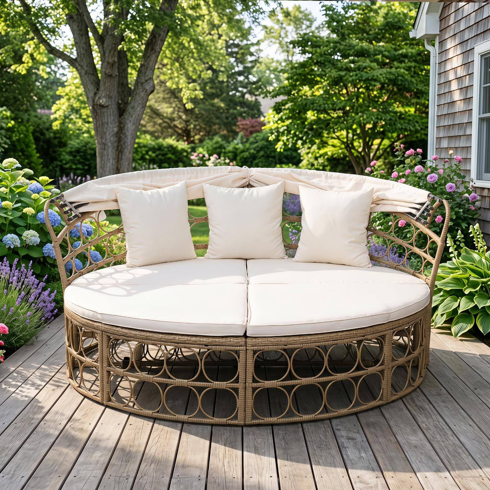 Alt View 4. Costway - Outdoor Patio Daybed w/ Retractable Canopy & Cushions - White.