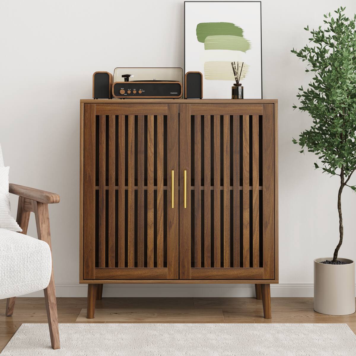 Alt View 3. Spaco - Spaco 31.5" Walnut Farmhouse Sideboard, Louvered Door Coffee Bar Cabinet, Multi-Functional Storage Kitchen Dining Room - Walnut.