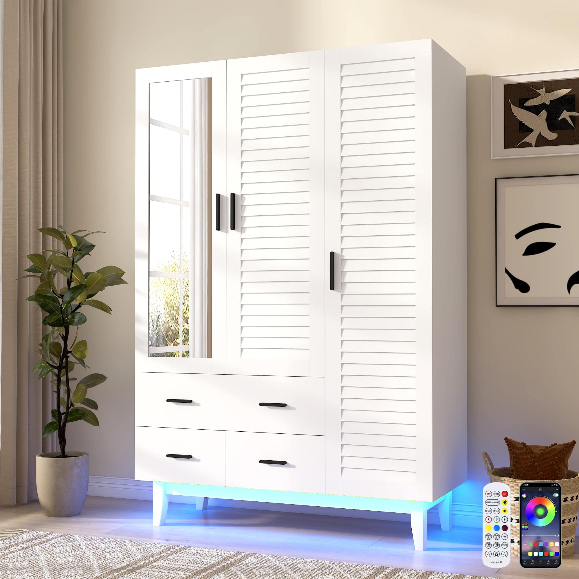 Lent Glitter Wood - 3 Door Louver Armoire with LED Lights Drawers Large Capacity Wood Wardrobe - White