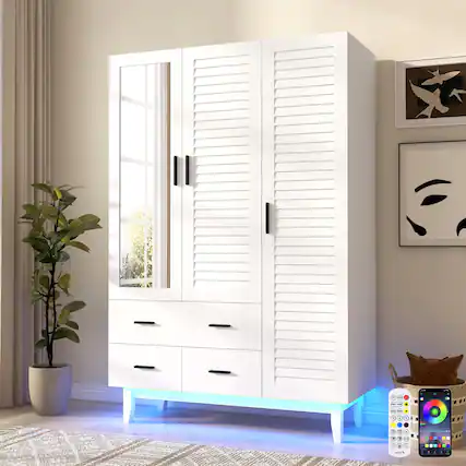 Front. Lent Glitter Wood - 3 Door Louver Armoire with LED Lights Drawers Large Capacity Wood Wardrobe - White.