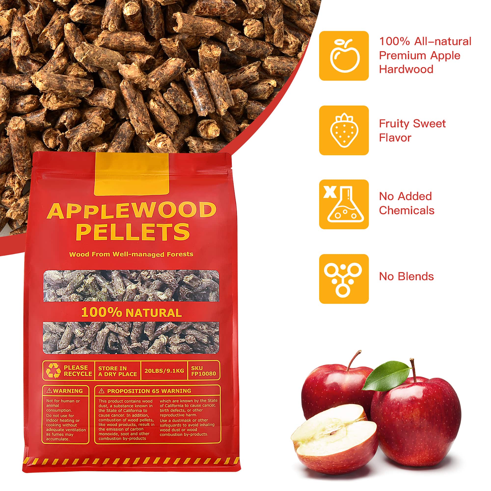 100% All-natural Premium Apple Hardwood Fruity Sweet Flavor APPLEWOOD PELLETS
Wood From Well-managed Forests
No Added Chemicals
No Blends
100% NATURAL
PLEASE STORE IN A DRY PLACE
WARNING: This product contains wood dust, which is known to cause cancer. A Proposition 65 Warning.
No added human-made substances.
This product is made from 100% natural wood pellets, which are portions of wood that have been cut into small cylindrical shapes. The wood used in these pellets is sourced from well-managed forests, ensuring that the trees are sustainably harvested and that the environment is protected.
The fruity sweet flavor of these applewood pellets is a result of the natural sweetness of the applewood, which is a type of hardwood. This natural sweetness is what gives the pellets their unique flavor profile, making them an excellent choice for those who enjoy the taste of apples in their cooking.
In addition to their delicious flavor, these applewood pellets are also 100% natural, meaning that they do not contain any added chemicals or blends. This makes them a healthier and more environmentally friendly option for those who are looking to reduce their exposure to harmful substances.
When using these applewood pellets, it is important to store them in a dry place to prevent the buildup of moisture, which can lead to the growth of mold and mildew. Additionally, it is crucial to use proper ventilation and safeguards when burning these pellets to avoid inhaling harmful emissions, such as carbon monoxide.
In conclusion, applewood pellets are a delicious and natural option for those who want to enjoy the taste of apples in their cooking while also being mindful of their health and the environment.