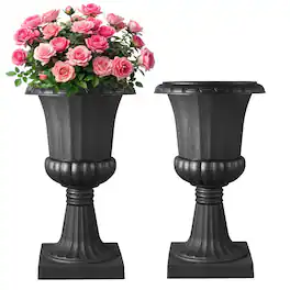 VEVOR - Plastic Urn Planters, 15.8 x 26.4 Inch, 2 Pack Classic Flower Pots Front Porch Planters, Indoor & Outdoor Vase - Black