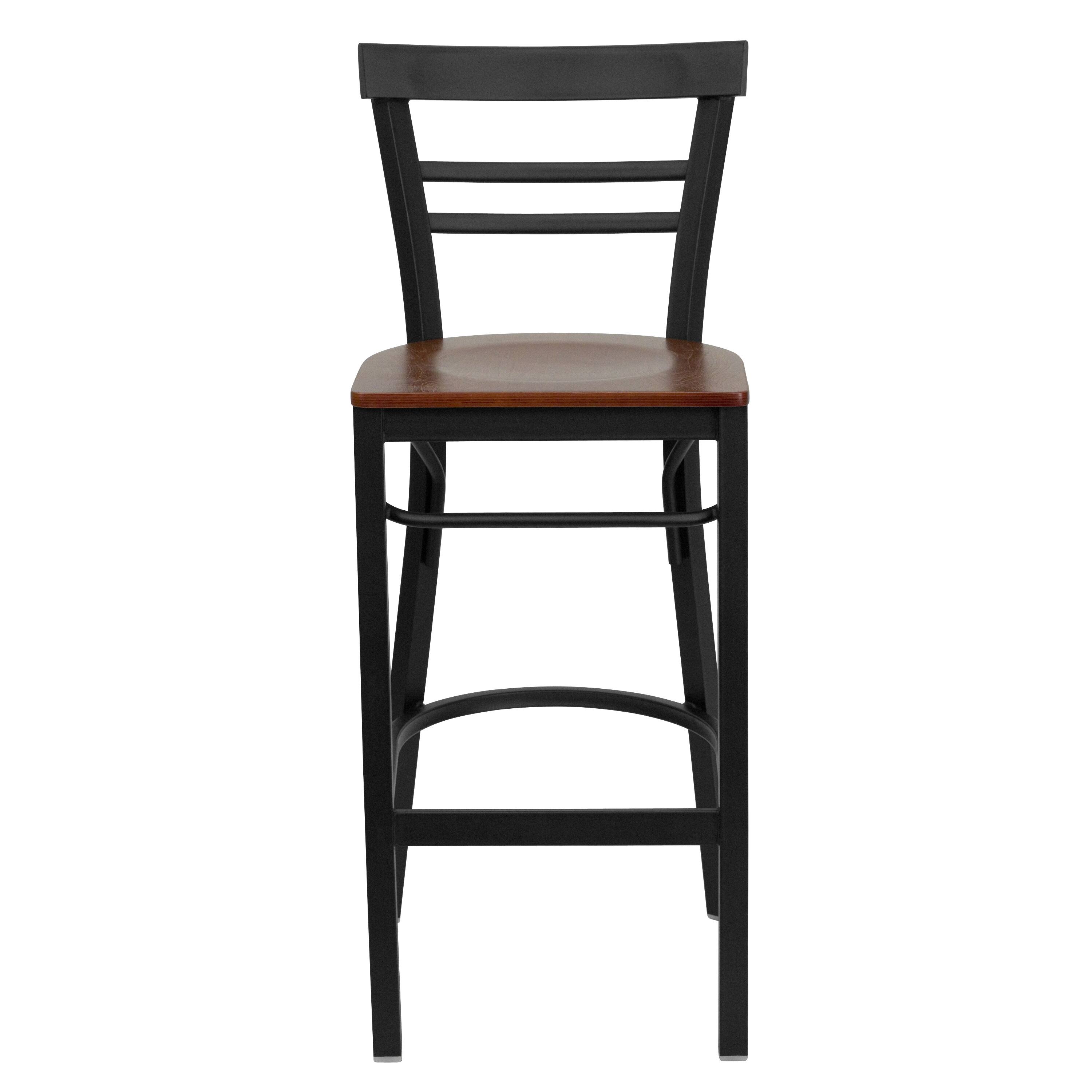 Alt View 5. Emma + Oliver - Two-Slat Ladder Back Metal Restaurant Dining Barstool - Cherry Wood Seat/Black Metal Frame.