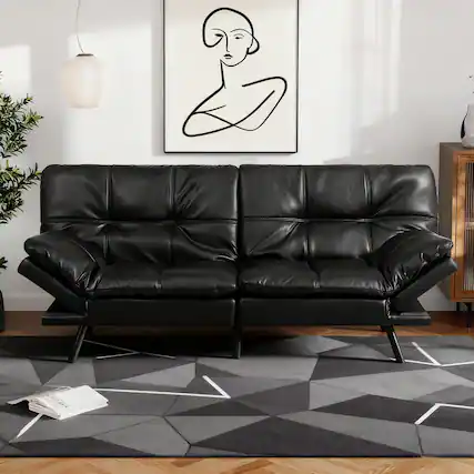 Front. Vipbear - 71" Futon Convertible Memory Foam Sofa Bed, Modern Loveseat Adjustable Armrests Backrest Sofabed, Linen Fabric/Leather - Black.