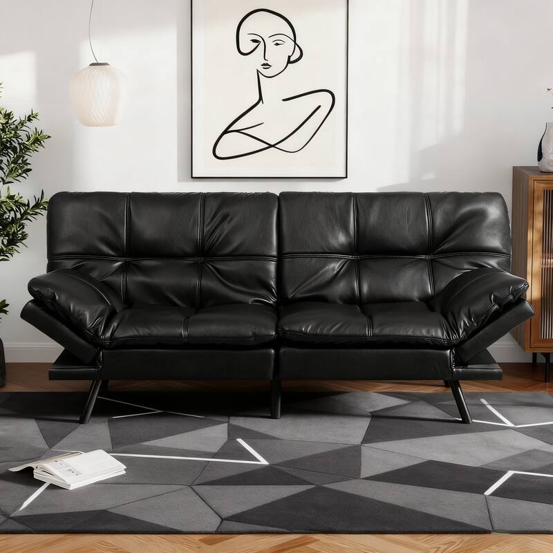 Front. Vipbear - 71" Futon Convertible Memory Foam Sofa Bed, Modern Loveseat Adjustable Armrests Backrest Sofabed, Linen Fabric/Leather - Black.