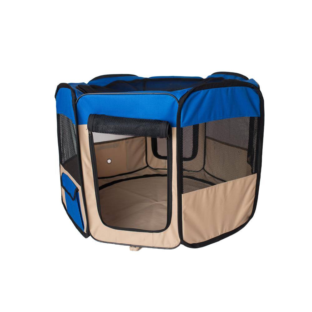 Back. Armarkat - Portable Pet Playpen In Blue And Beige Combo - Blue.
