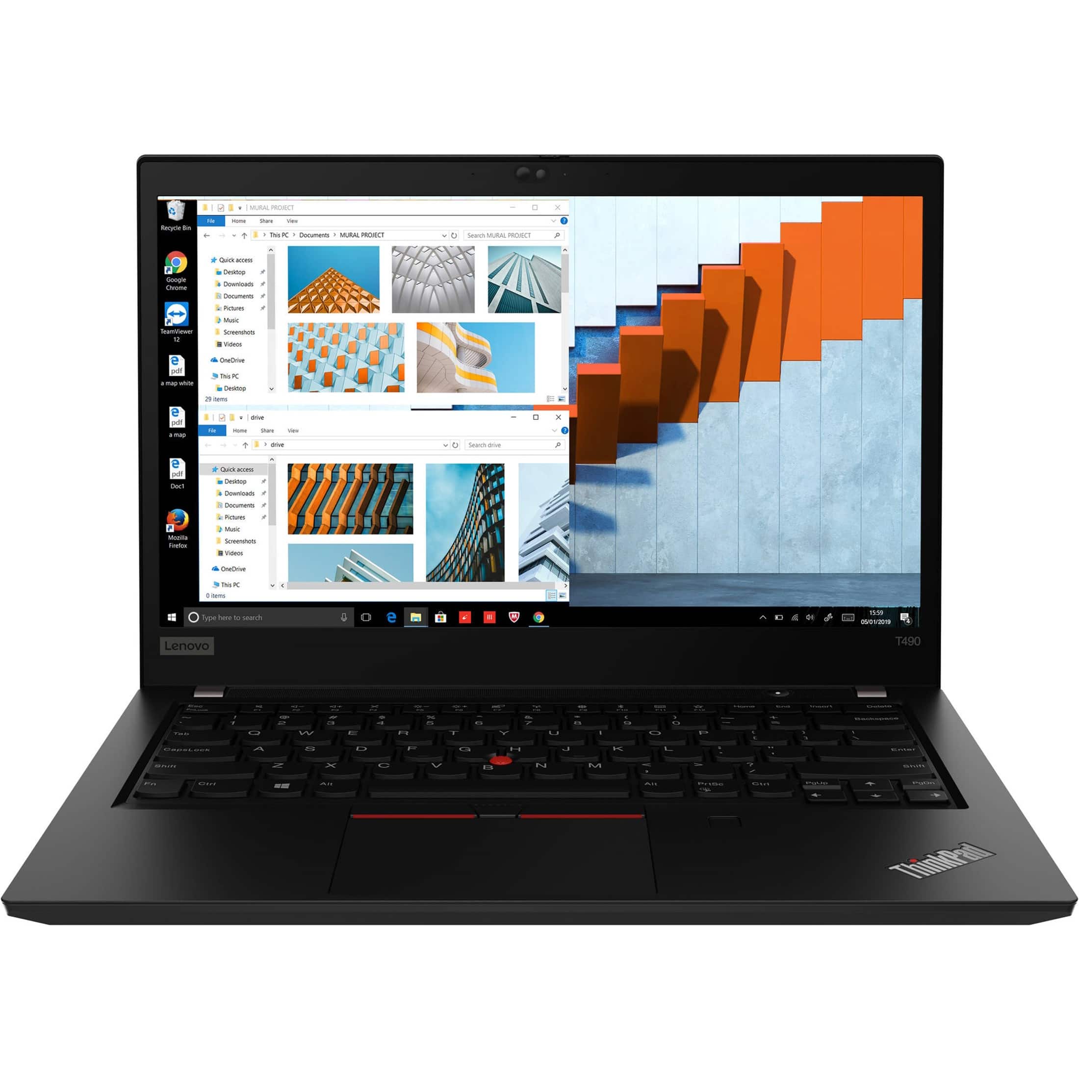 The image features a black laptop computer with a screen displaying a variety of images. The laptop is a Lenovo ThinkPad T490, and it is open and ready for use. The screen showcases a range of images, including a staircase, a wall, and a building. The laptop is placed on a table, and it appears to be a powerful and versatile device for various tasks and applications.