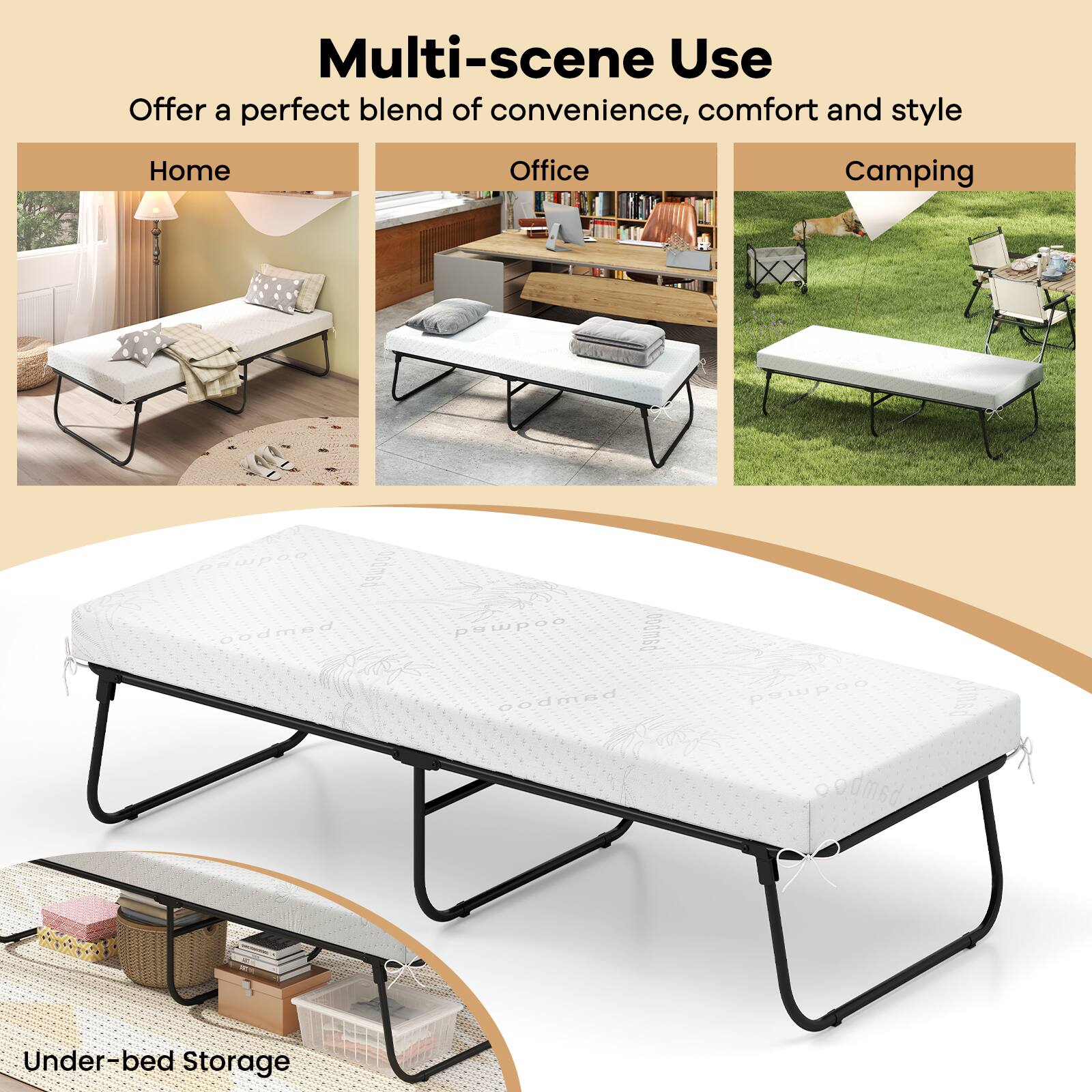 Multi-scene Use  
Offer a perfect blend of convenience, comfort and style  

Home  
Office  
Camping  

Under-bed Storage