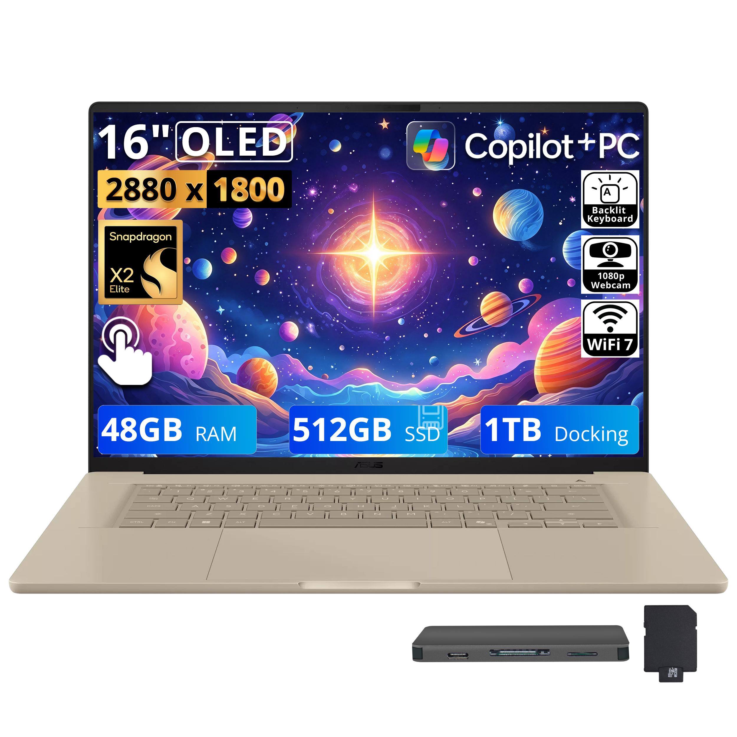 16" OLED 2880 x 1800 Snapdragon X2 Elite
Copilot+ PC
Backlit Keyboard
1080p Webcam
WiFi 7
48GB RAM
512GB SSD
1TB Docking
ABUS