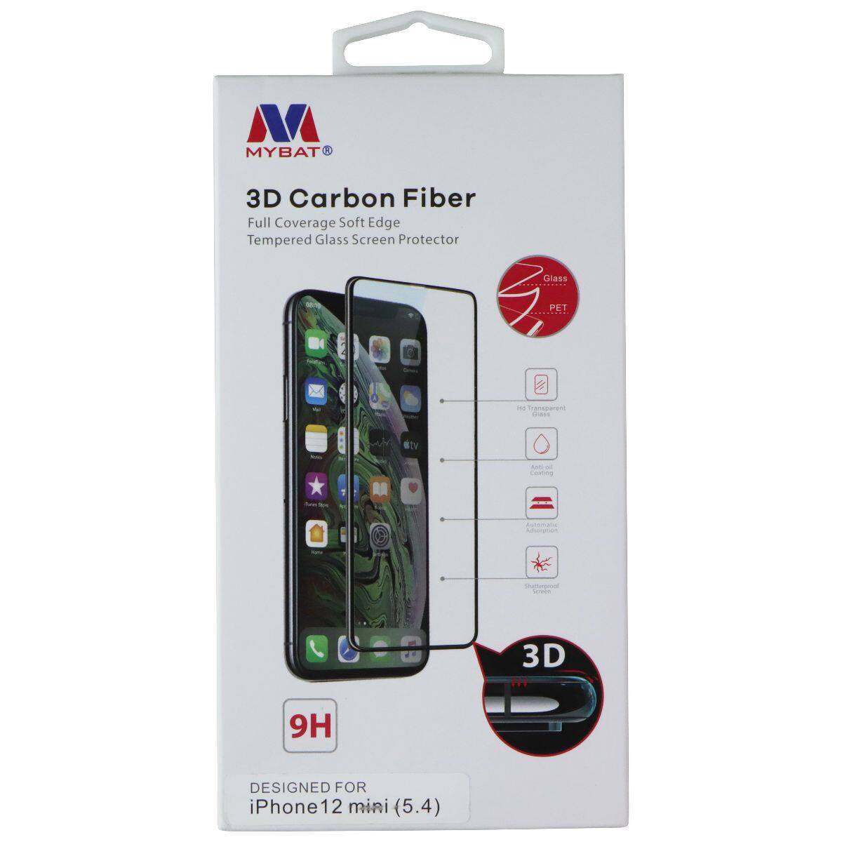 MYBAT 3D Carbon Fiber Full Coverage Soft Edge Tempered Glass Screen Protector Glass 0.01g PET E .. Transparent Cias SNS - Coating - cuoane Adsorption Shallergrour 3D 9H DESIGNED FOR iPhone12 12 mini (5.4)