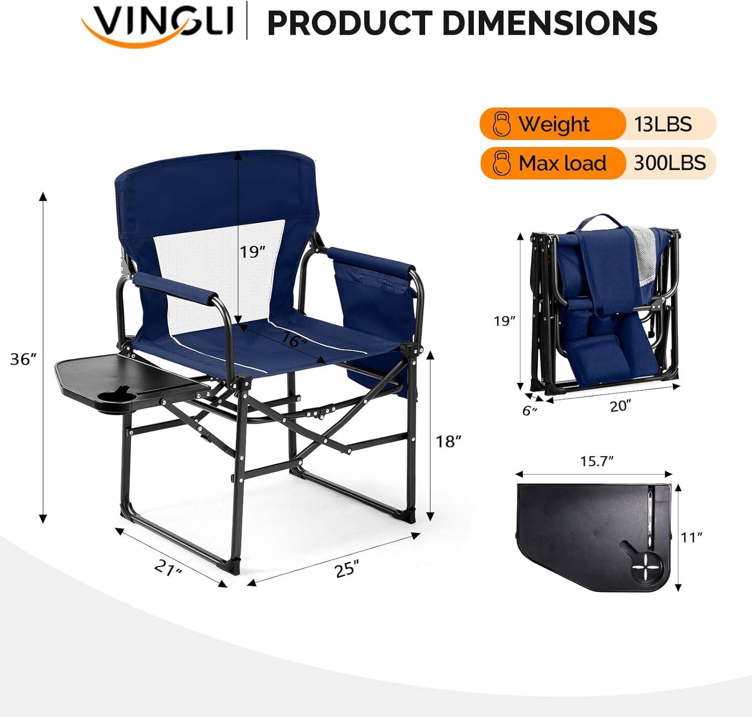 VINGLI PRODUCT DIMENSIONS

Weight: 13LBS  
Max load: 300LBS

Dimensions:
- 19"  
- 36"  
- 16"  
- 19"  
- 6"  
- 20"  
- 18"  
- 15.7"  
- 21"  
- 25"  
- 11"
