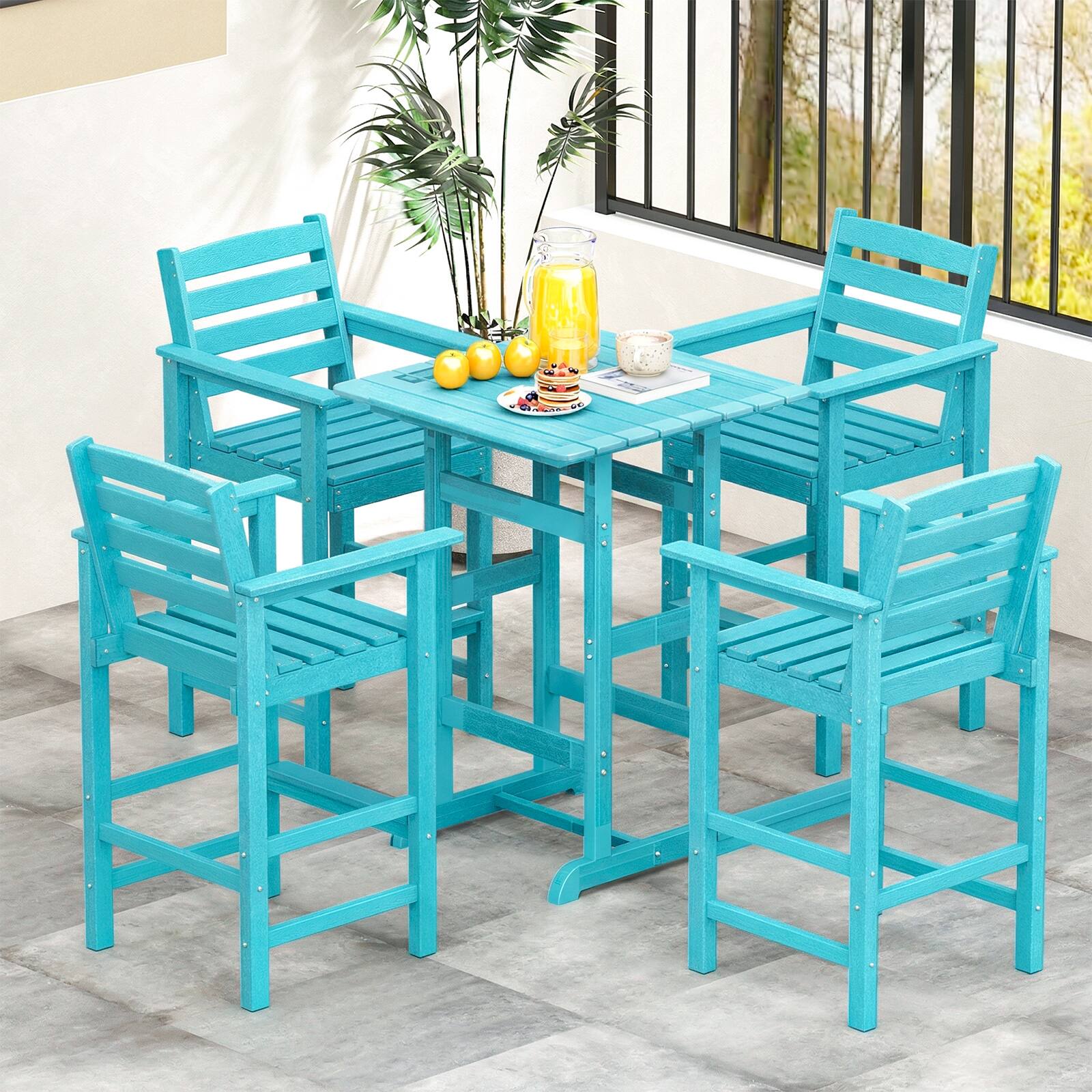 Alt View 4. Costway - Costway Patio Adirondack Bar Chairs Set of 2 with Wide Armrests & Footrest Backrest - Turquoise.