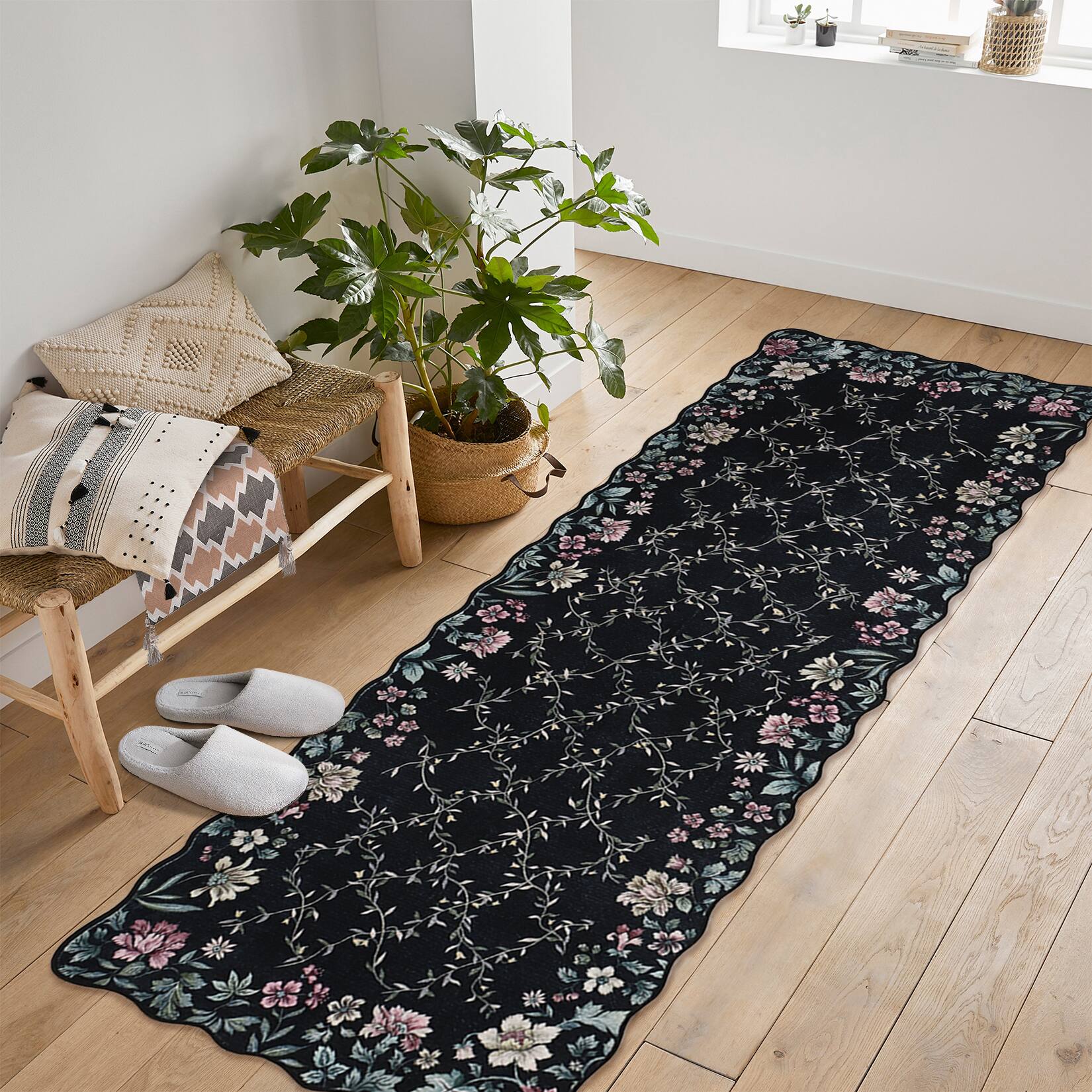 Angle. Acekool - Floral Irregular Edge 2'X6' Carpet Indoor Non Slip Washable Boho Vintage Entry Rug Low Pile Throw Rugs for Entryway - Black.