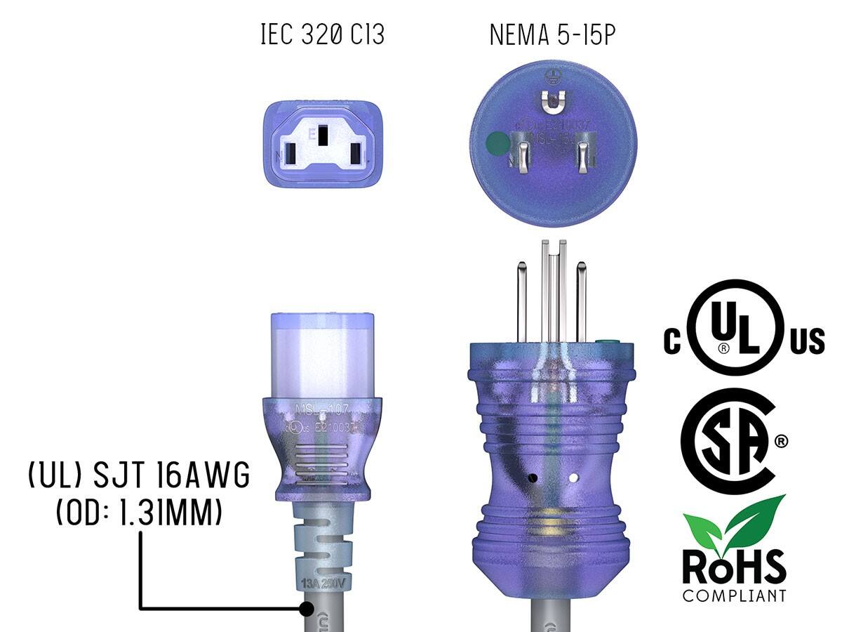 IEC 320 C13 NEMA 5-15P E10037 MSL-150 MISL 107  
(UL) SJT 16AWG (OD: 1.31MM)  
3 13A250V  
C C C  
UL US SA  
ROHS COMPLIANT