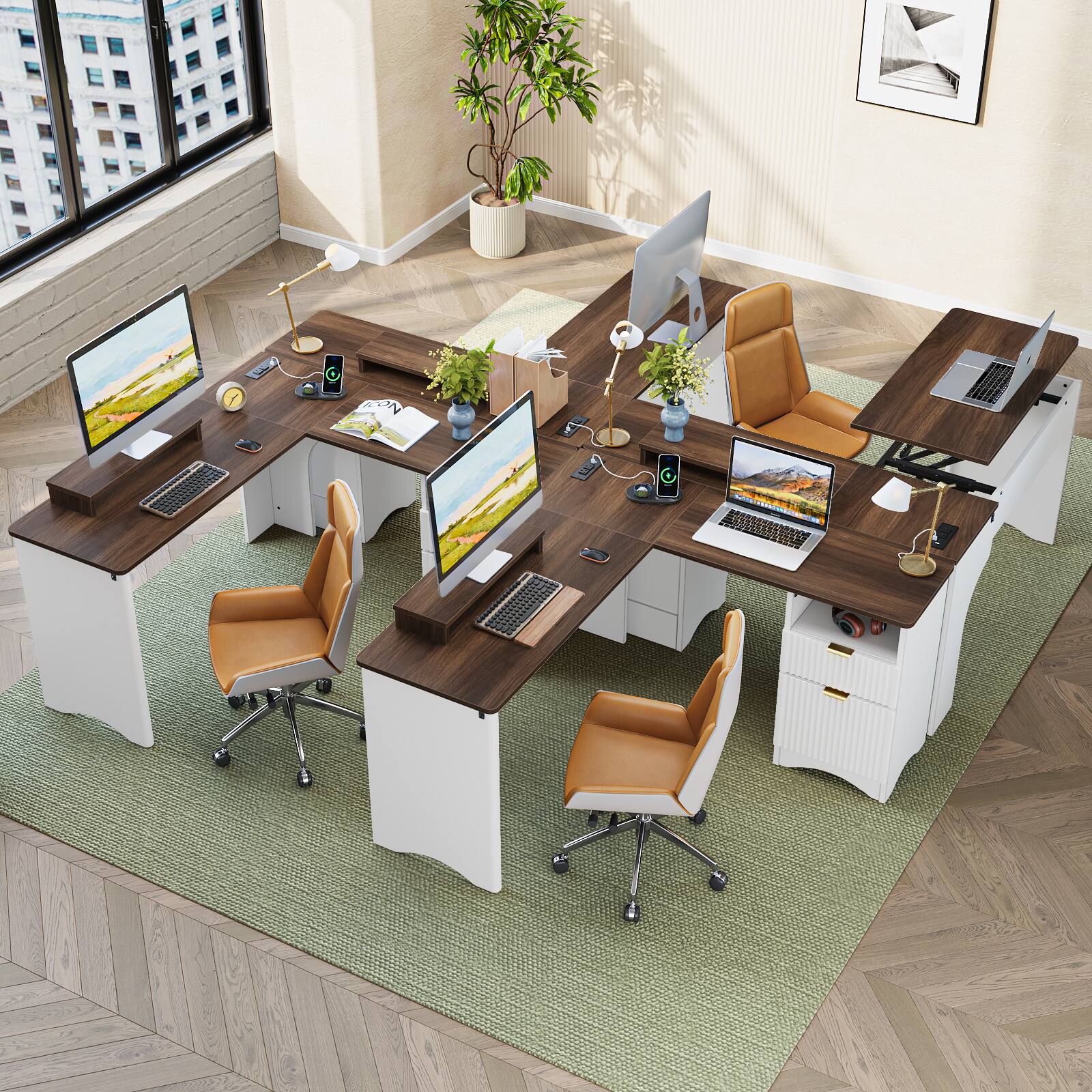Alt View 1. Bestier - 55-inch L-Shaped Computer Desk with Lift Top, Modern Office Desk with Fluted Drawers & File Storage - Walnut.