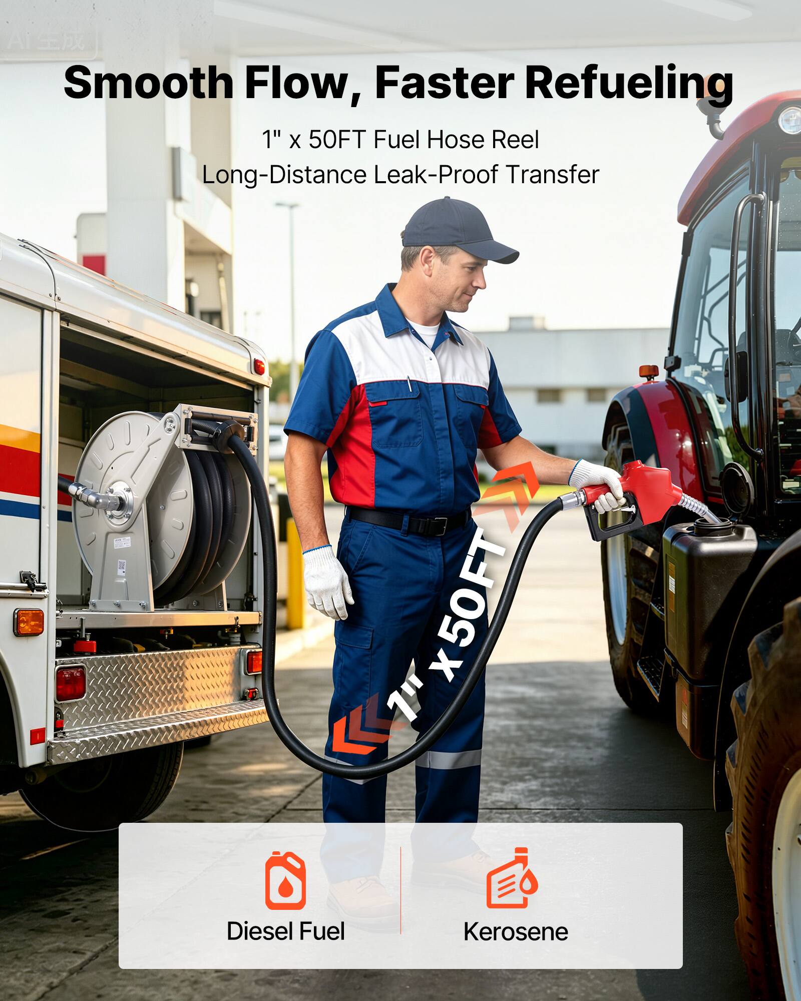 Smooth Flow, Faster Refueling  
1" x 50FT Fuel Hose Reel  
Long-Distance Leak-Proof Transfer  

Diesel Fuel  
Kerosene