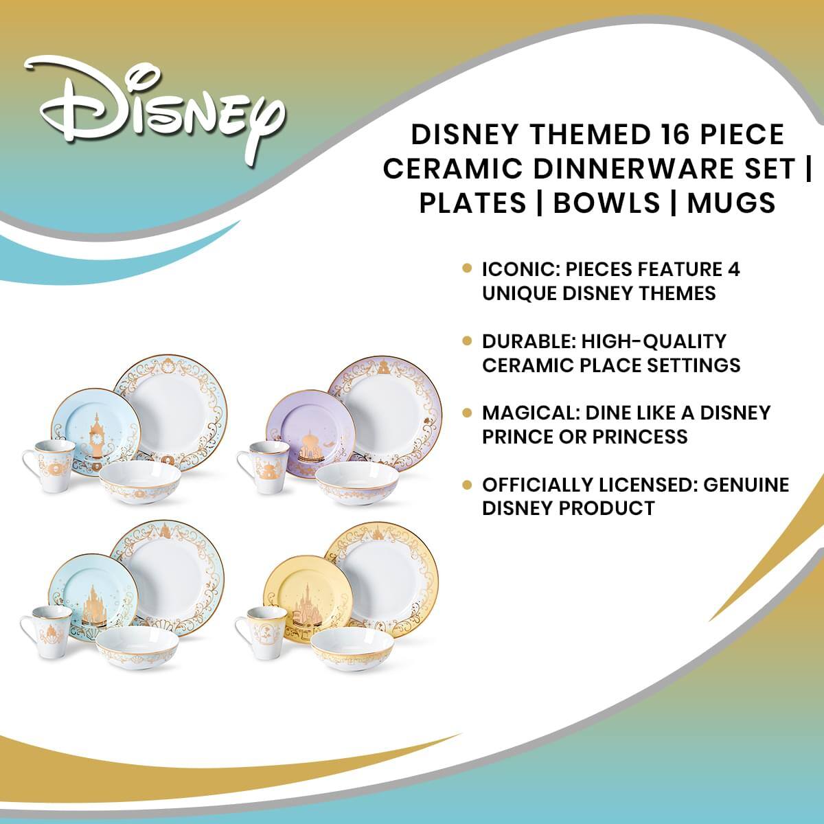 Disney Ceramic Disney Themed 16 Piece Dinnerware Set | Plates | Bowls | Mugs

- Iconic: Pieces feature 4 unique Disney themes
- Durable: High-quality ceramic place settings
- Magical: Dine like a Disney prince or princess
- Officially licensed: Genuine Disney product
