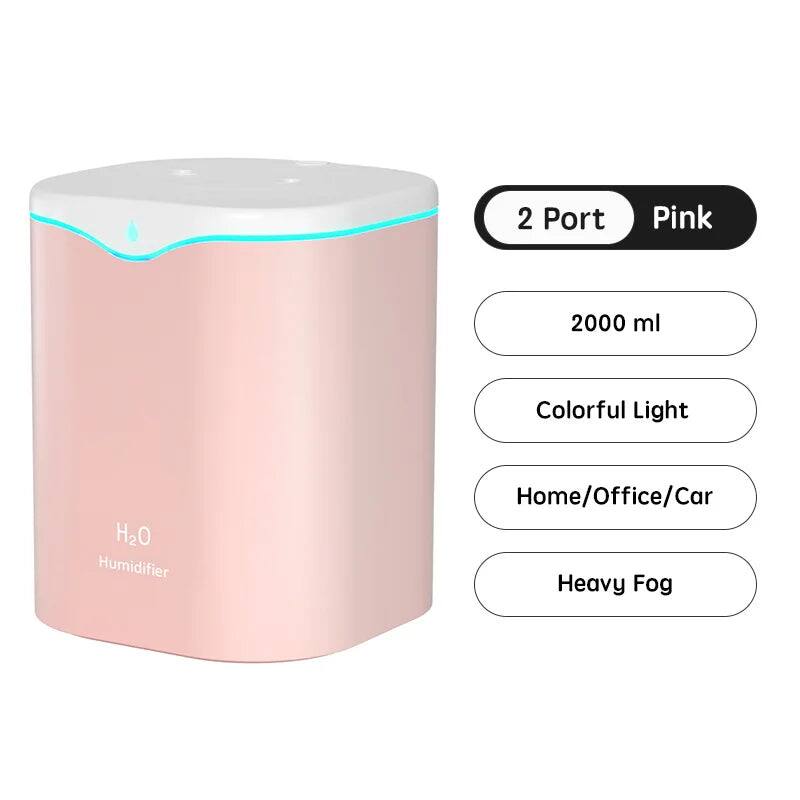 2 Port Pink 2000 ml Colorful Light H2O Humidifier Home/Office/Car Heavy Fog