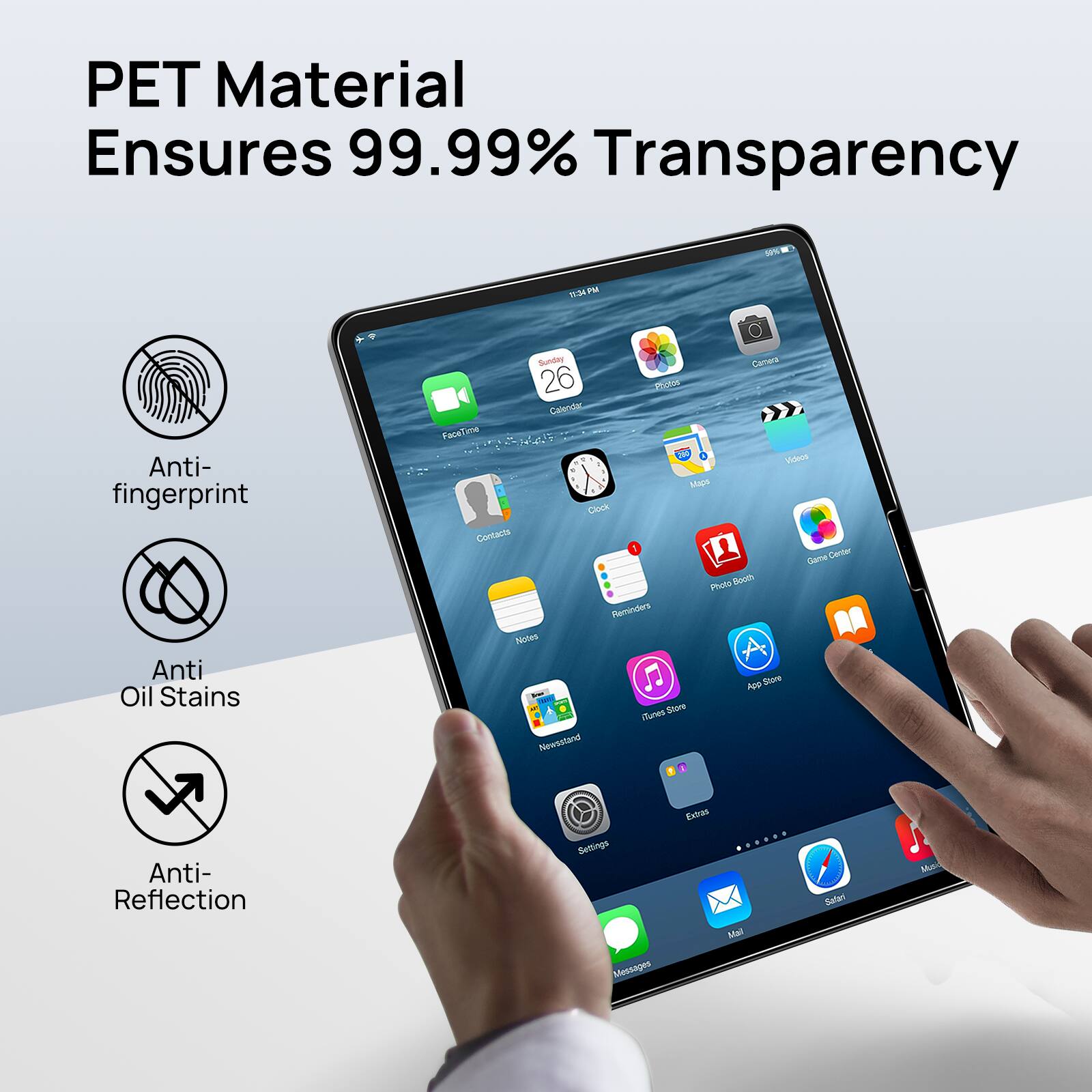PET Material Ensures 99.99% Transparency. Anti-fingerprint. Anti-oil stains. Sunder Camera. 26 Roo Caloridar FaceTime na Videos. Mip Clock. Contacis 1. Contar Game Piuta Boom Perderk Notes App. Stewe unes Store Newsstand 1. Anti-Reflection Settings. Messages. Zelrs. ... Mail. Safari. Mute.