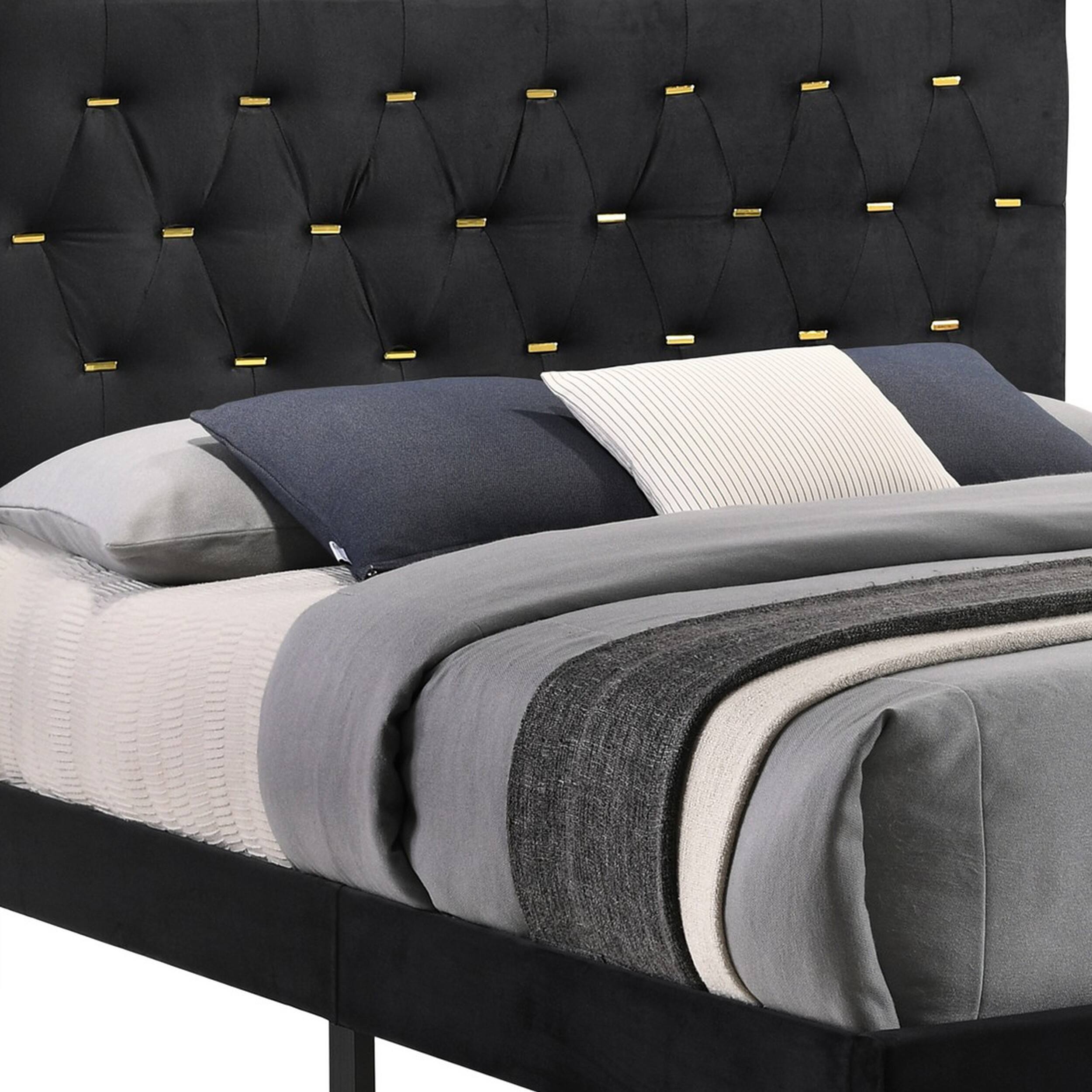 Alt View 2. Manhattan Lane - Lif Platform Queen Size Bed, Panel Tufted Headboard - Black, Gold.