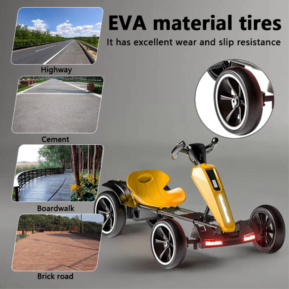 EVA material tires  
It has excellent wear and slip resistance  

Highway  
Cement  
Boardwalk  
Brick road