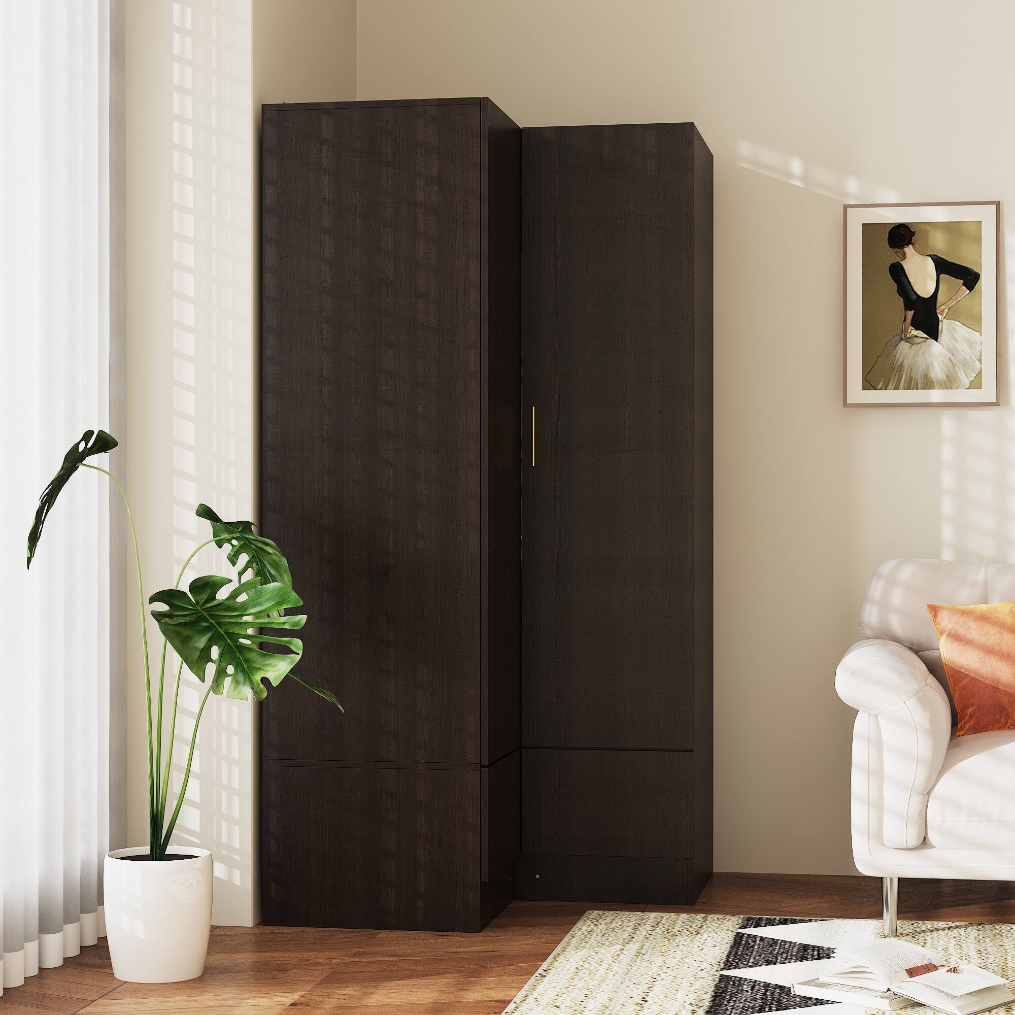 Angle. FUFU&GAGA - Corner Wardrobe Closet L Shaped Armoire with Hanging Rod Shelves and Drawers Space Saving Storage for Small Bedroom - Brown.