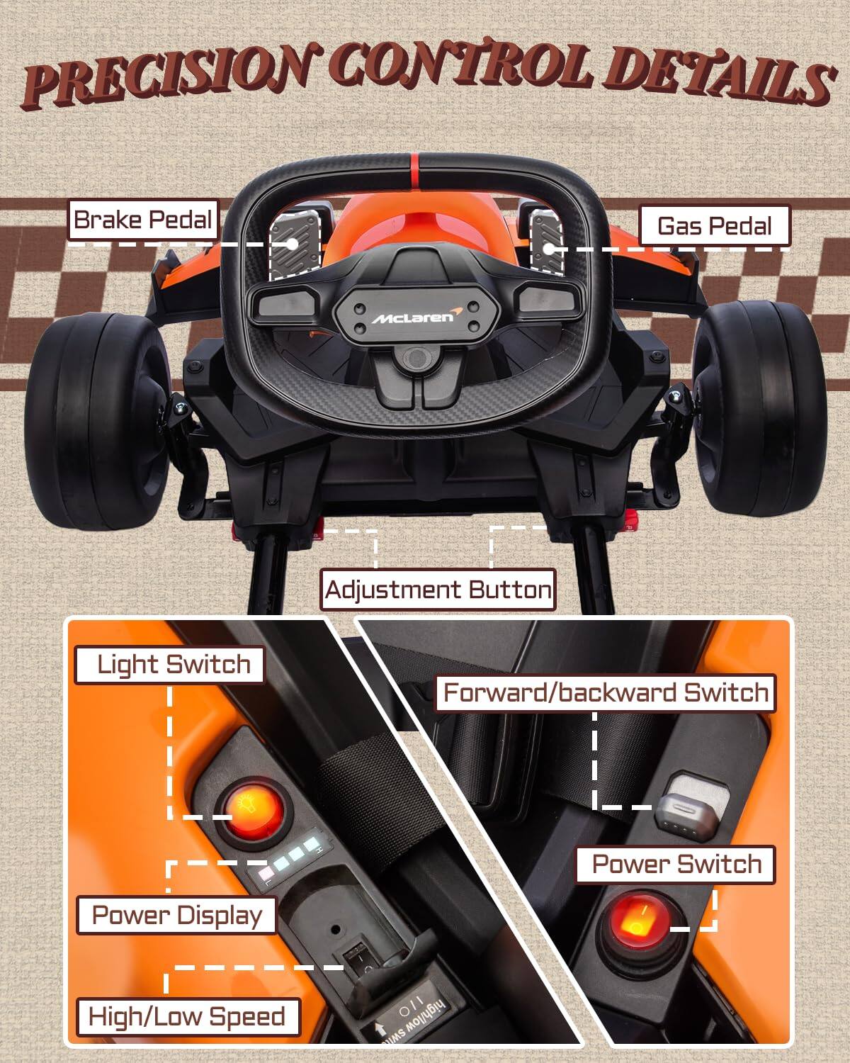 PRECISION CONTROL DETAILS  
- Brake Pedal  
- Gas Pedal  
- McLaren  
- Adjustment Button  
- Light Switch  
- Forward/backward Switch  
- Power Display  
- Power Switch  
- High/Low Speed