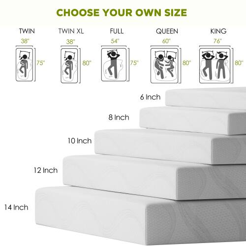 CHOOSE YOUR OWN SIZE

TWIN 38"  
TWIN XL 38"  
FULL 54"  
QUEEN 60"  
KING 76"  

75" 80" 80" 80" 80"  

6 Inch  
8 Inch  
10 Inch  
12 Inch  
14 Inch