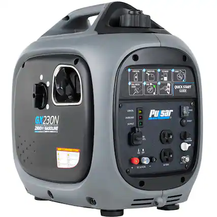 CHECK OIL
CHECK FUEL
ECO MODE
CHOKE
PULL SECONDARY START
RUN
QUICK START GUIDE
GX230N
2300W GASOLINE
Pu sar
LOW OIL
OVERLOAD
OUTPUT
SB
RTS
DC 12V 8.3A
AC 120V
AC 120V