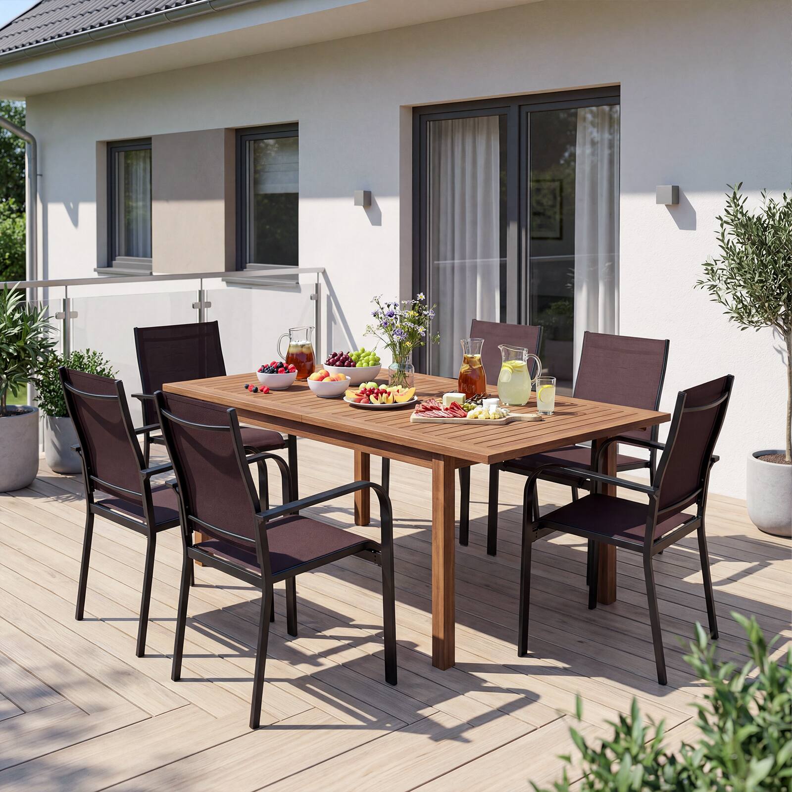 Alt View 3. Gymax - Gymax Patio Dining Chairs Set of 6 Stackable Outdoor Armchairs w/Metal FrameBackrest - Brown.