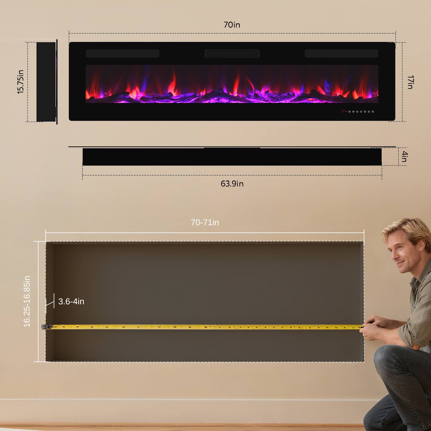 70in  
15.75in  
17in  
4in  
63.9in  
70-71in  
16.25-16.85in  
16 3.6-4in  
16 25-16.85in
