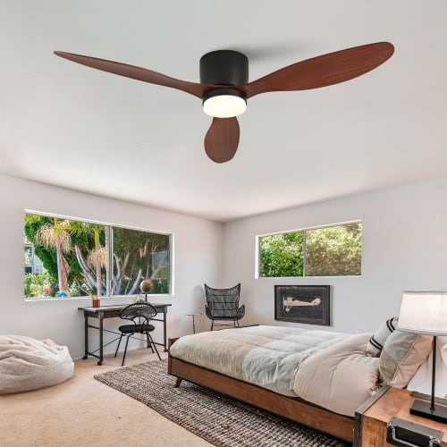 LUCKY ONE - 52" Flush Mount Ceiling Fan with Light Remote 3 ABS Blades 6-Speed - Black