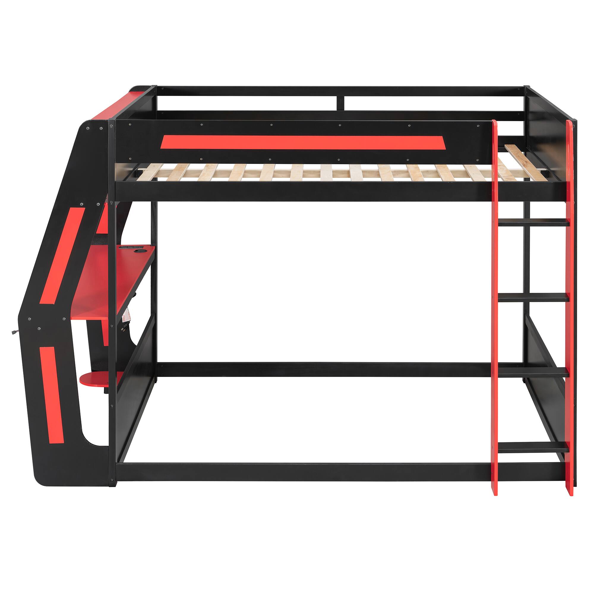 Left. Whisen - Full Size Gaming Bunk Bed with RGB Desk,USB Ports and Cable Management - Red.
