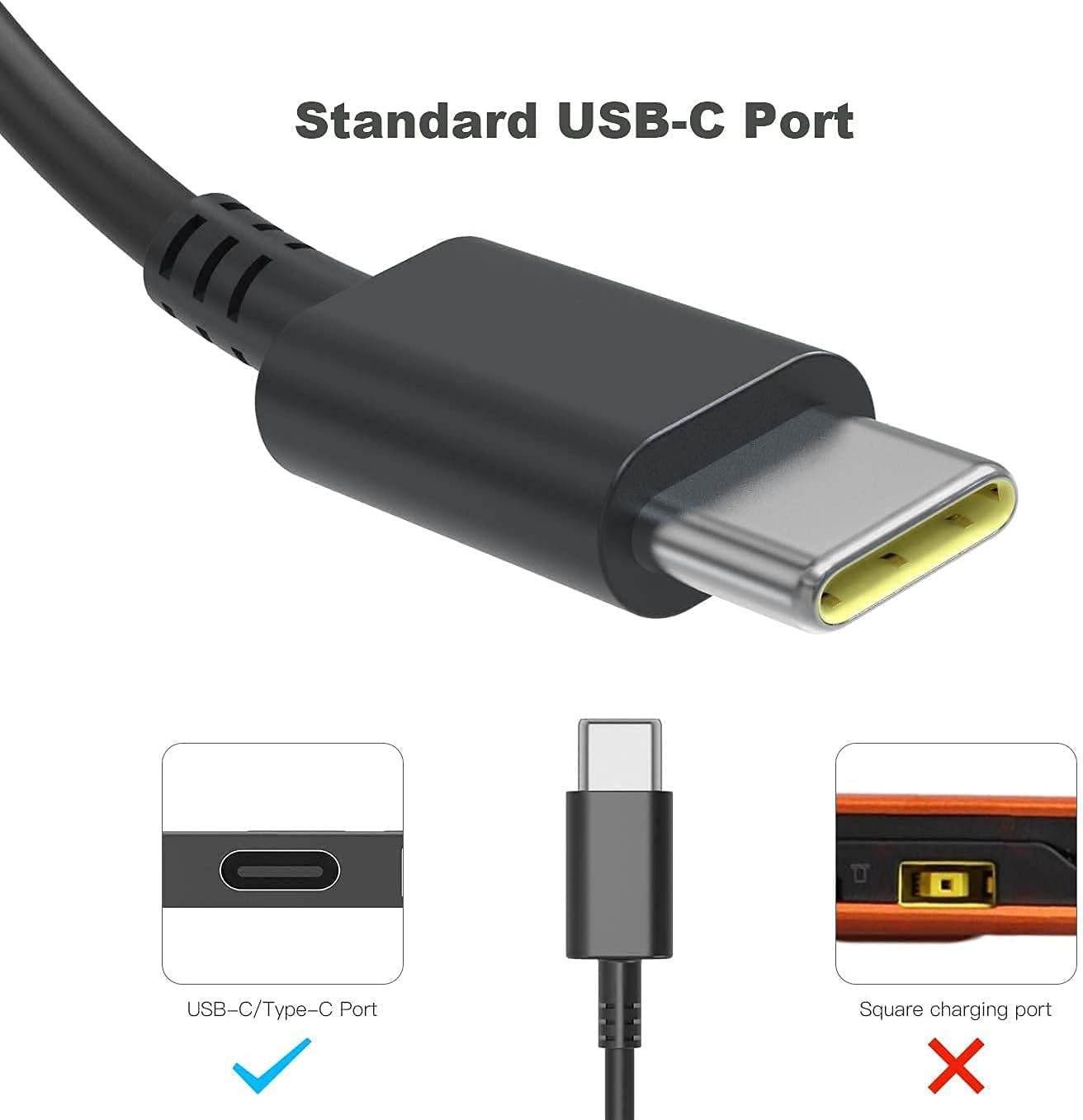 Standard USB-C Port  
USB-C/Type-C Port  
Square charging port ❌