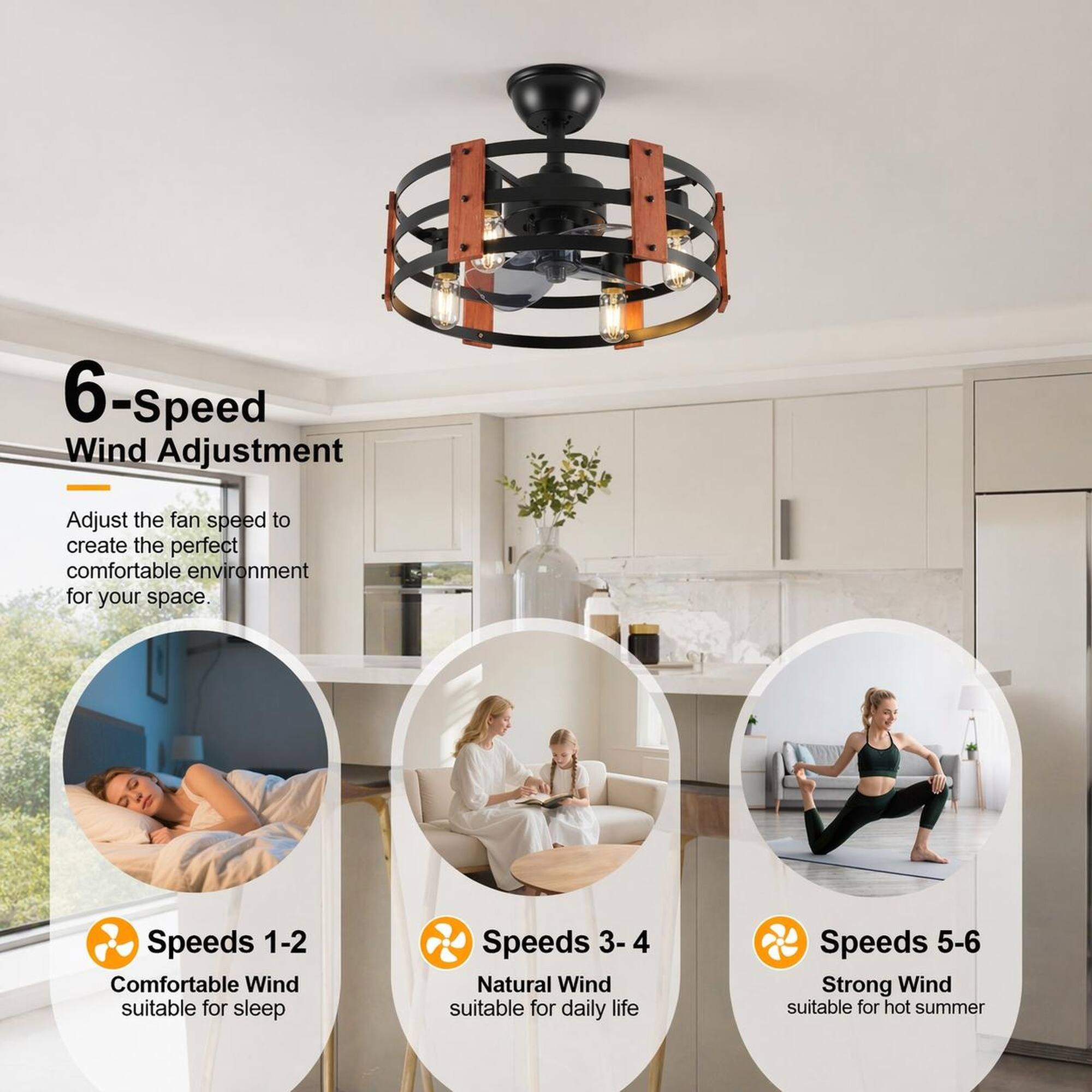 6-Speed Wind Adjustment

Adjust the fan speed to create the perfect comfortable environment for your space.

Speeds 1-2: Comfortable Wind suitable for sleep
Speeds 3-4: Natural Wind suitable for daily life
Speeds 5-6: Strong Wind suitable for hot summer