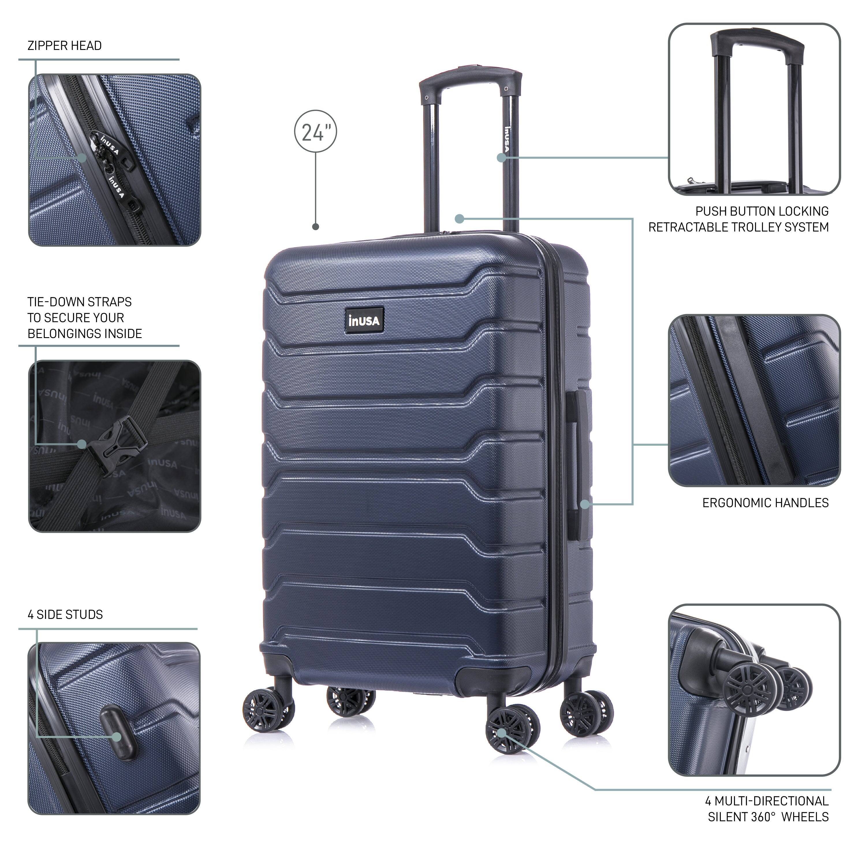 ZIPPER HEAD

24" PUSH BUTTON LOCKING RETRACTABLE TROLLEY SYSTEM

TIE-DOWN STRAPS TO SECURE YOUR BELONGINGS INSIDE

ERGONOMIC HANDLES

4 SIDE STUDS

4 MULTI-DIRECTIONAL SILENT 360° WHEELS