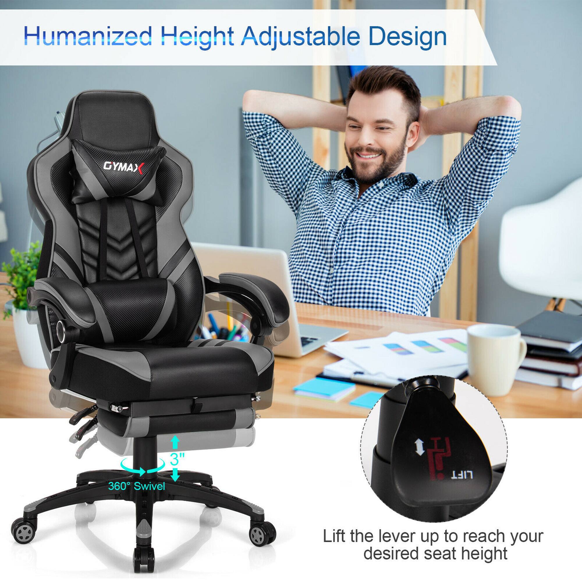 Humanized Height Adjustable Design

GYMAX

3" 360° Swivel

Lift the lever up to reach your desired seat height

Stable Design