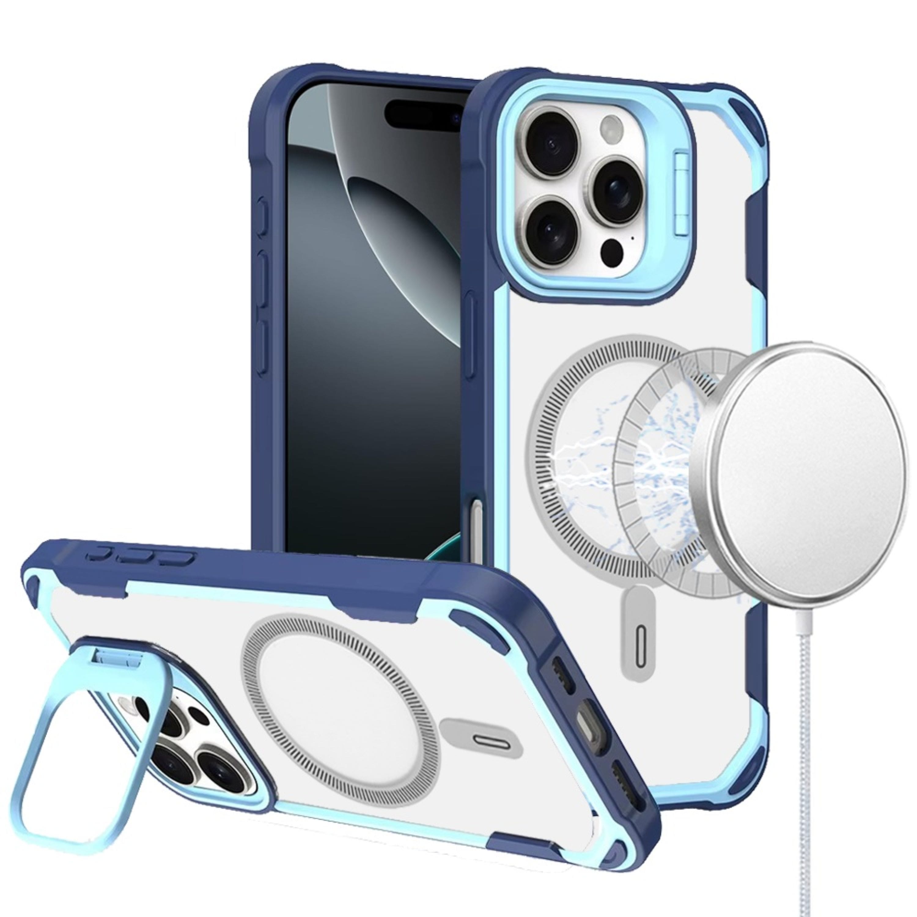 Kitcheniva - Rugged Magnetic Lens Stand Case With Tempered Glass For iPhone 16 Pro Max - Light Blue price history on PriceWatchPro