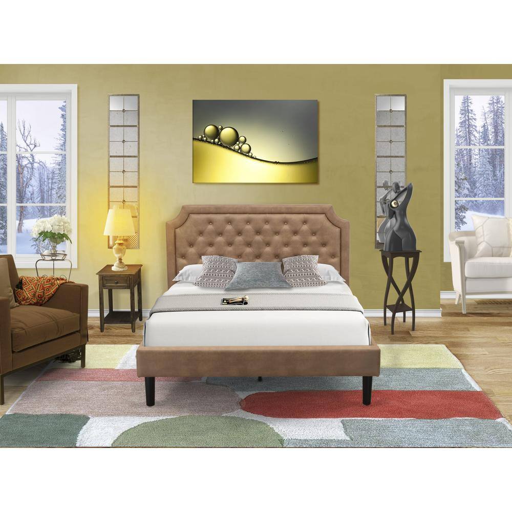 Alt View 4. East West Furniture - GB28Q-1DE07 2-Piece Platform Bed Set with a Platform Bed and 1 Distressed Jacobean End Tables - Brown Faux Leather and - Brown.
