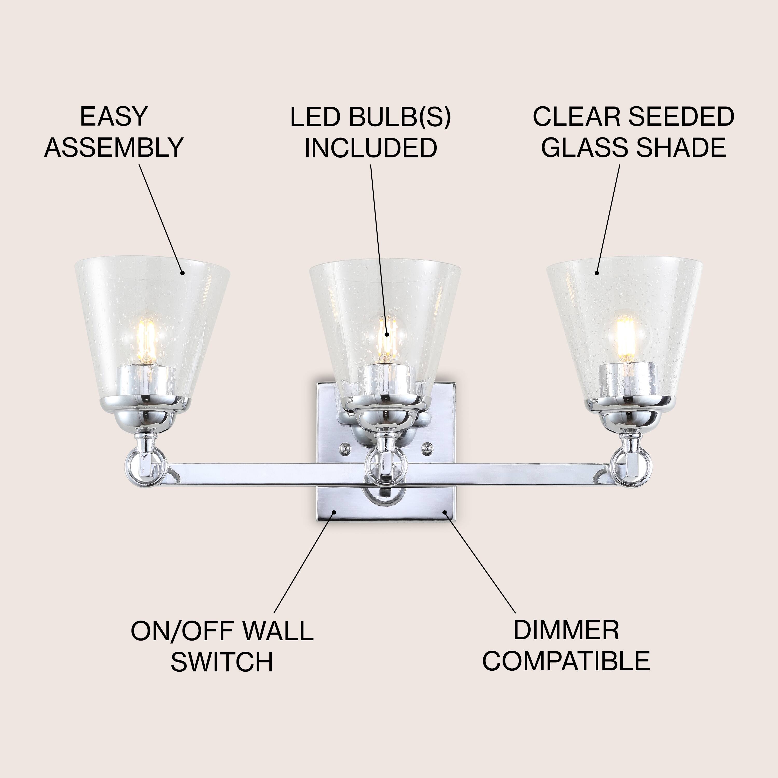 EASY ASSEMBLY  
LED BULB(S) INCLUDED  
CLEAR SEEDED GLASS SHADE  
ON/OFF WALL SWITCH  
DIMMER COMPATIBLE