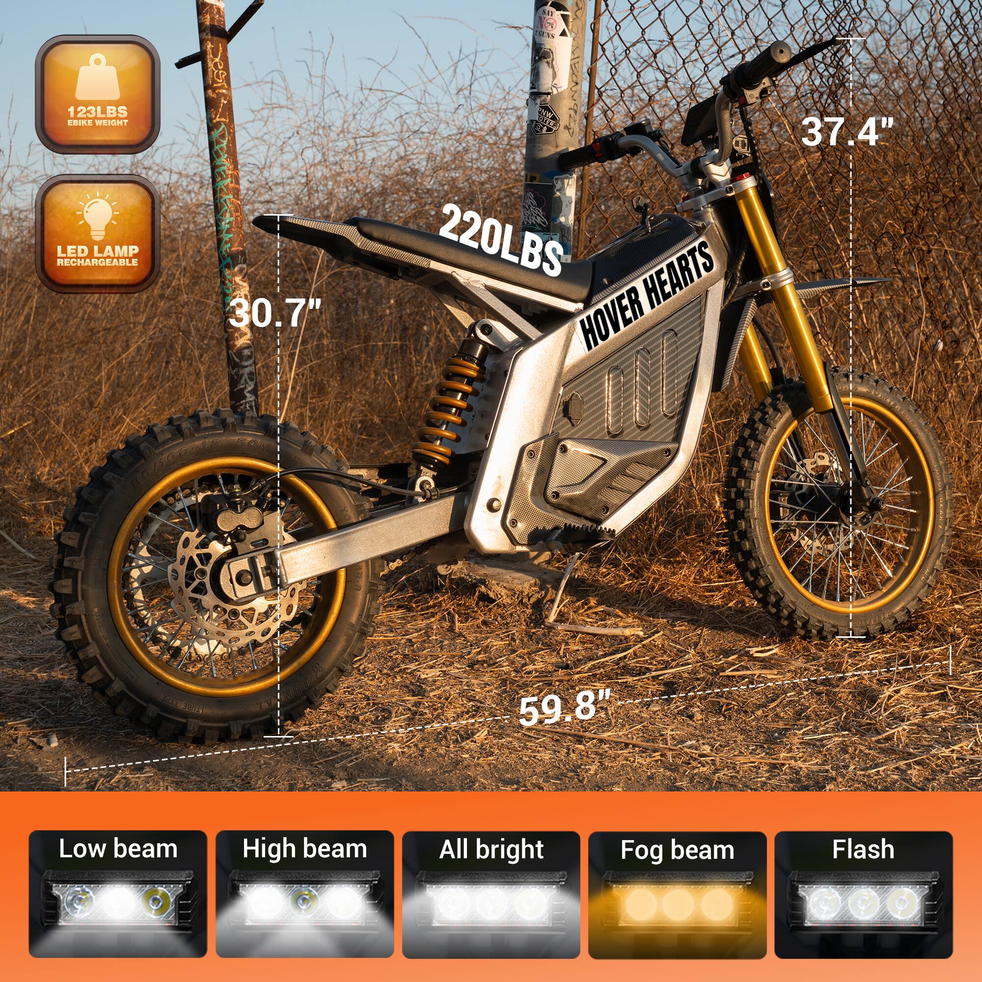 123LBS BIKE WEIGHT  
LED LAMP RECHARGEABLE  
30.7"  
220LBS  
HOVER HEARTS  
37.4"  
59.8"  
Low beam  
High beam  
All bright  
Fog beam  
Flash