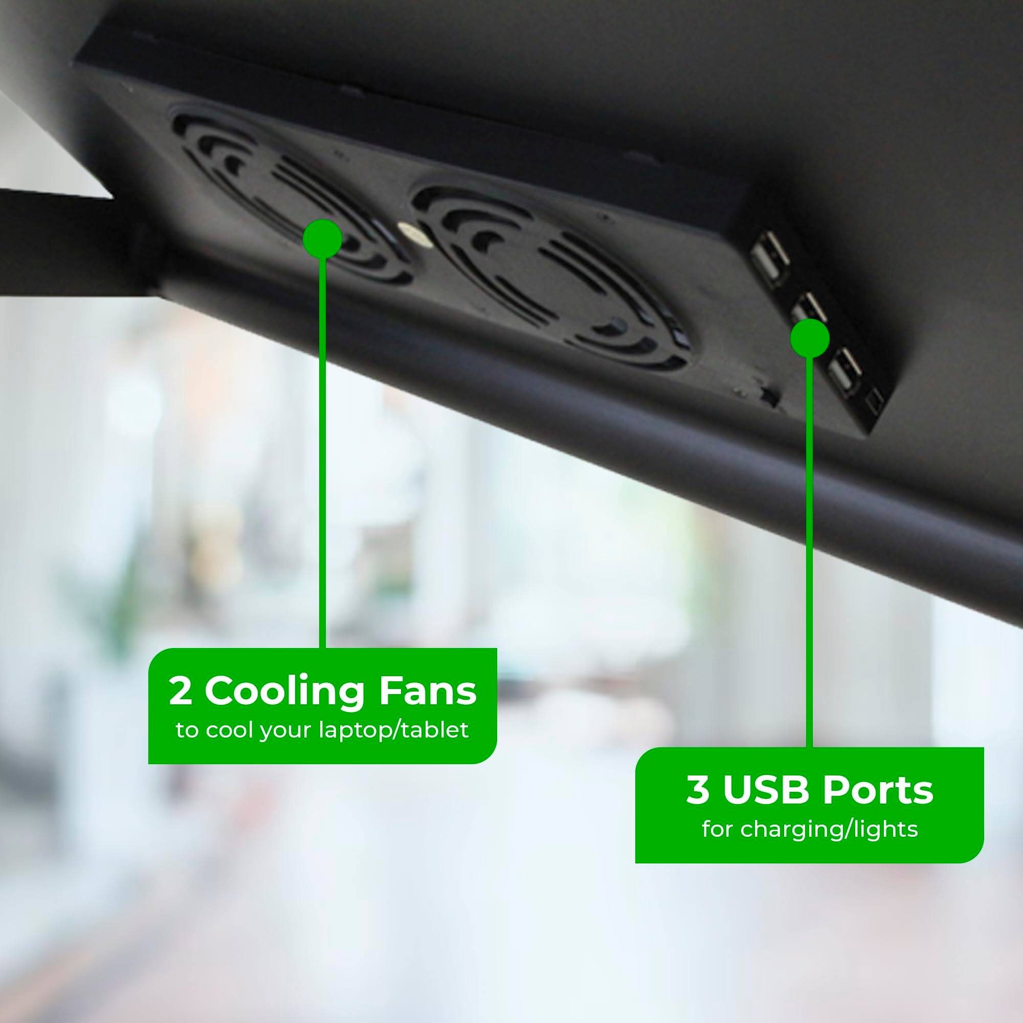 2 Cooling Fans to cool your laptop/tablet  
3 USB Ports for charging/lights