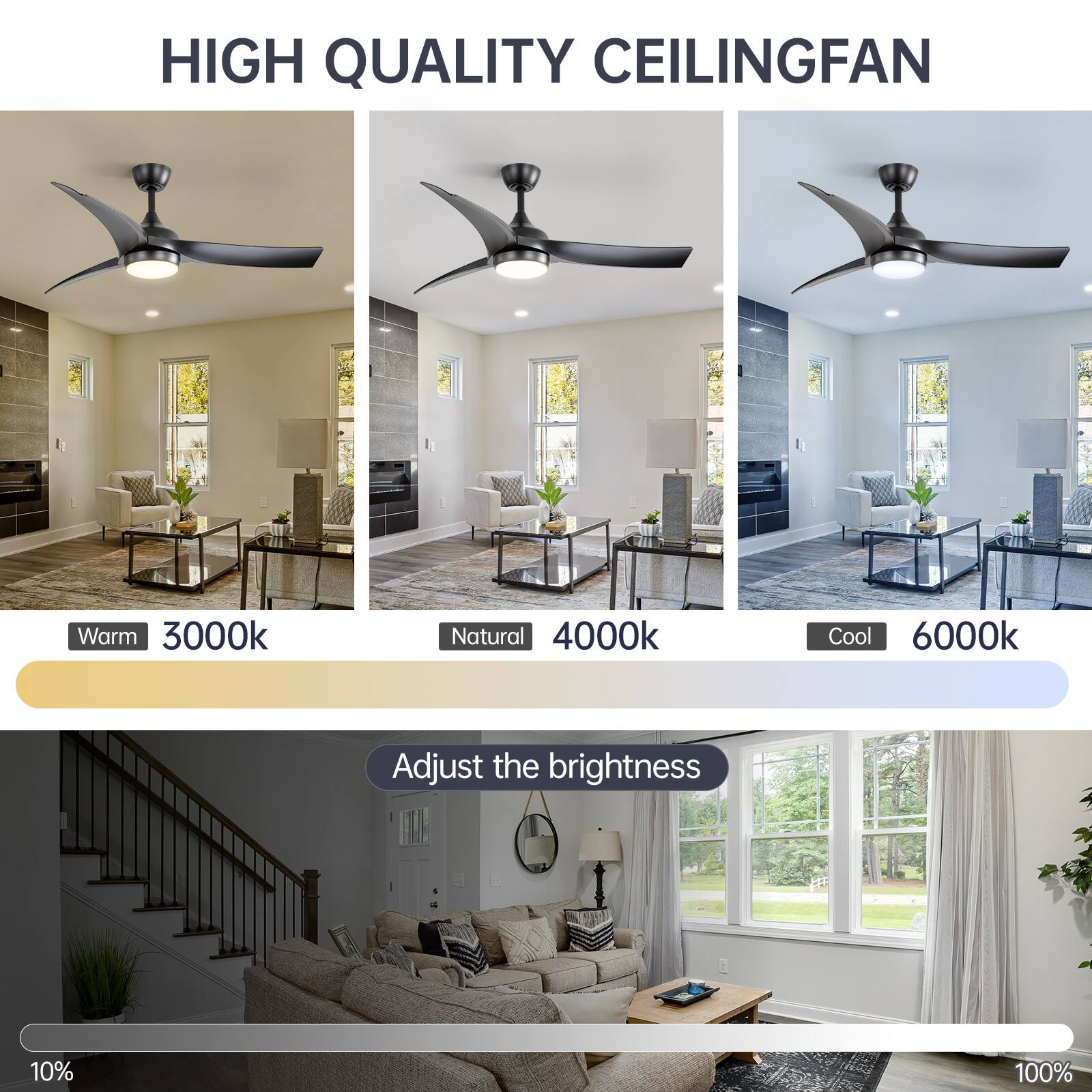 HIGH QUALITY CEILING FAN

Warm 3000k  
Natural 4000k  
Cool 6000k  

Adjust the brightness  
10% - 100%