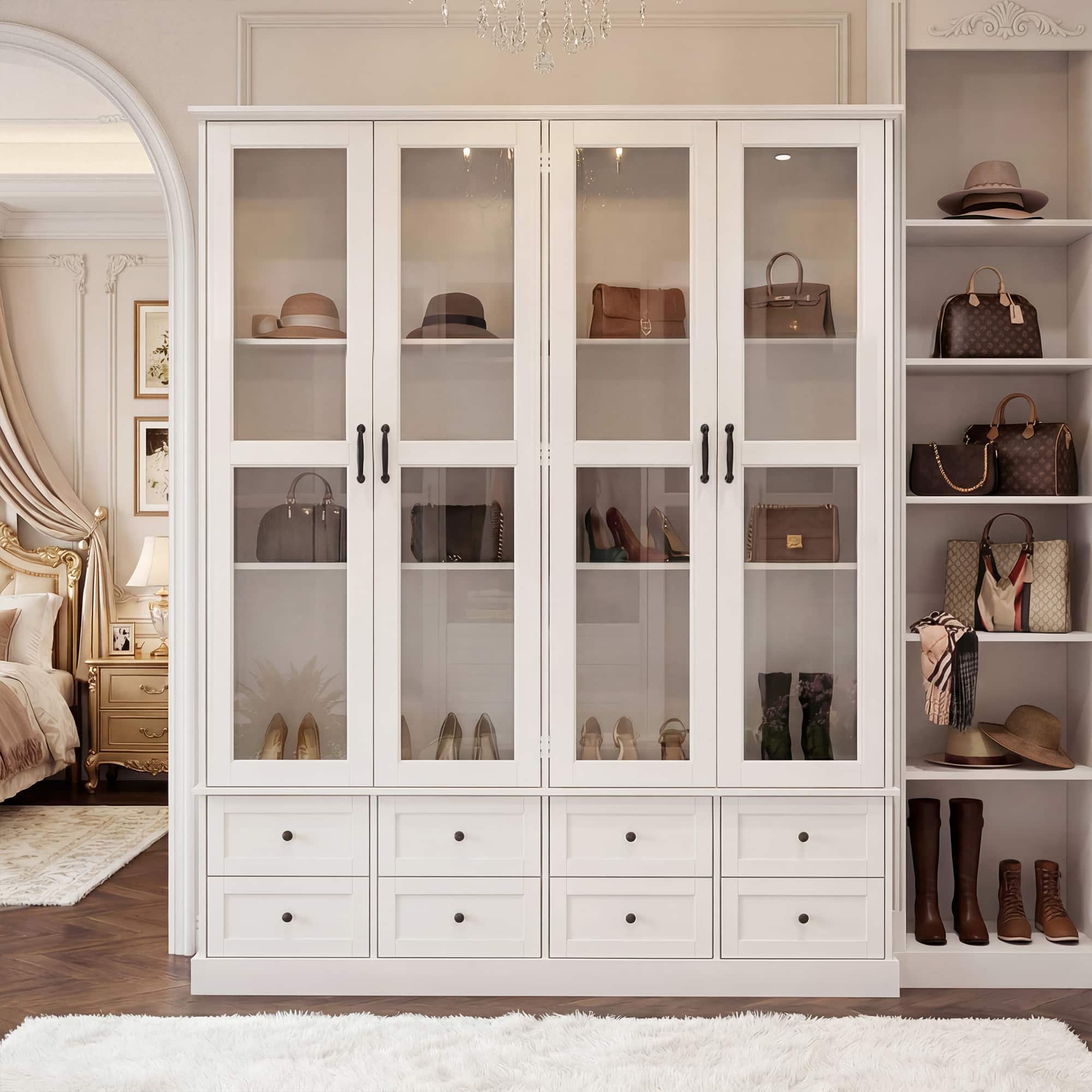 Famapy - French Style Glass Display Cabinet with Storage Drawers and Anti-Tip Design