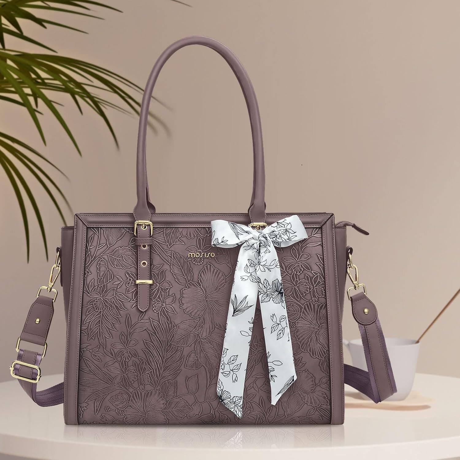 Left. mosiso - Laptop Bag for Women 15-15.6 inch PU Leather Tote Bag Work Briefcase Computer Bags - Slate Purple.