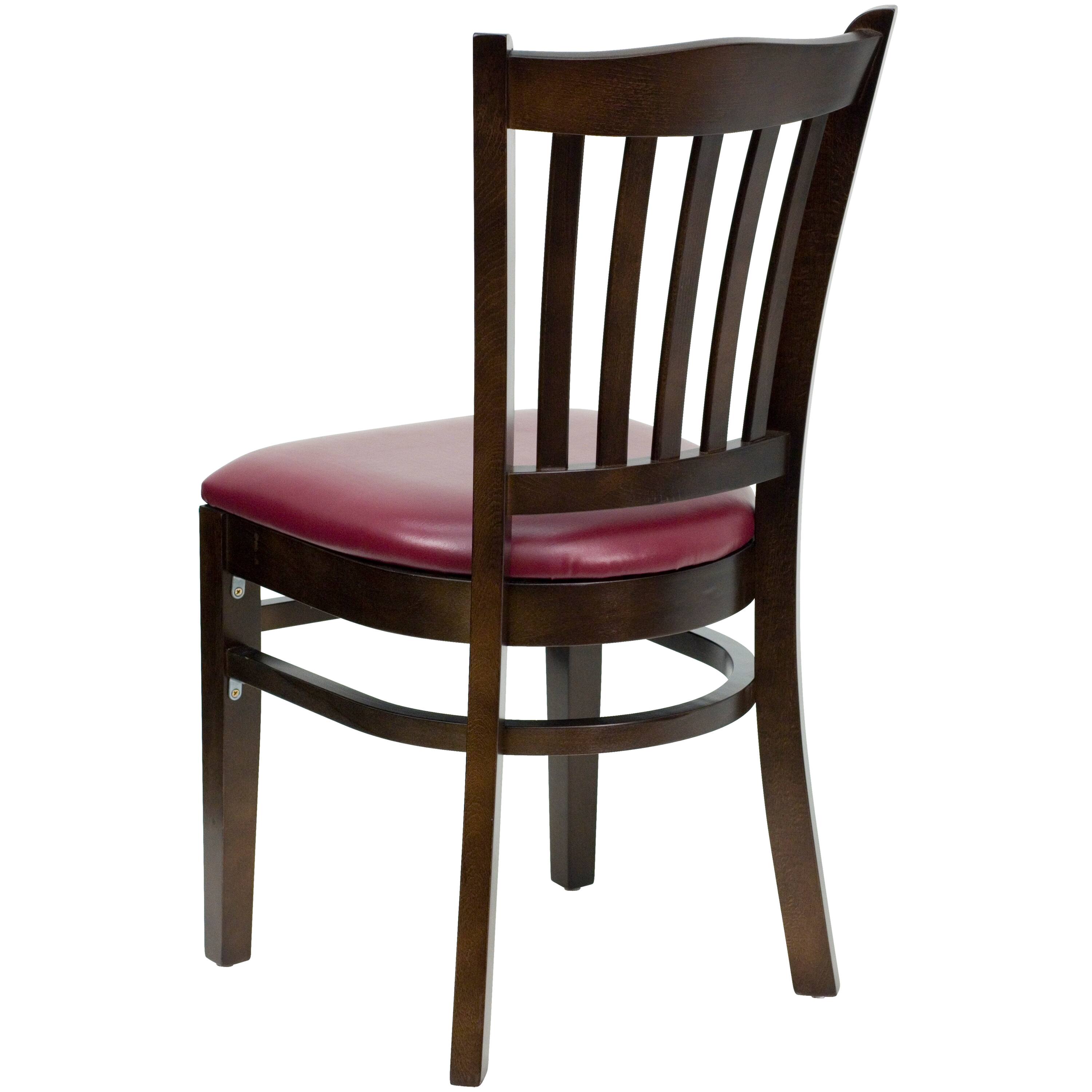 Alt View 3. Emma + Oliver - Vertical Slat Back Wooden Restaurant Dining Chair - Burgundy Vinyl Seat/Walnut Wood Frame.