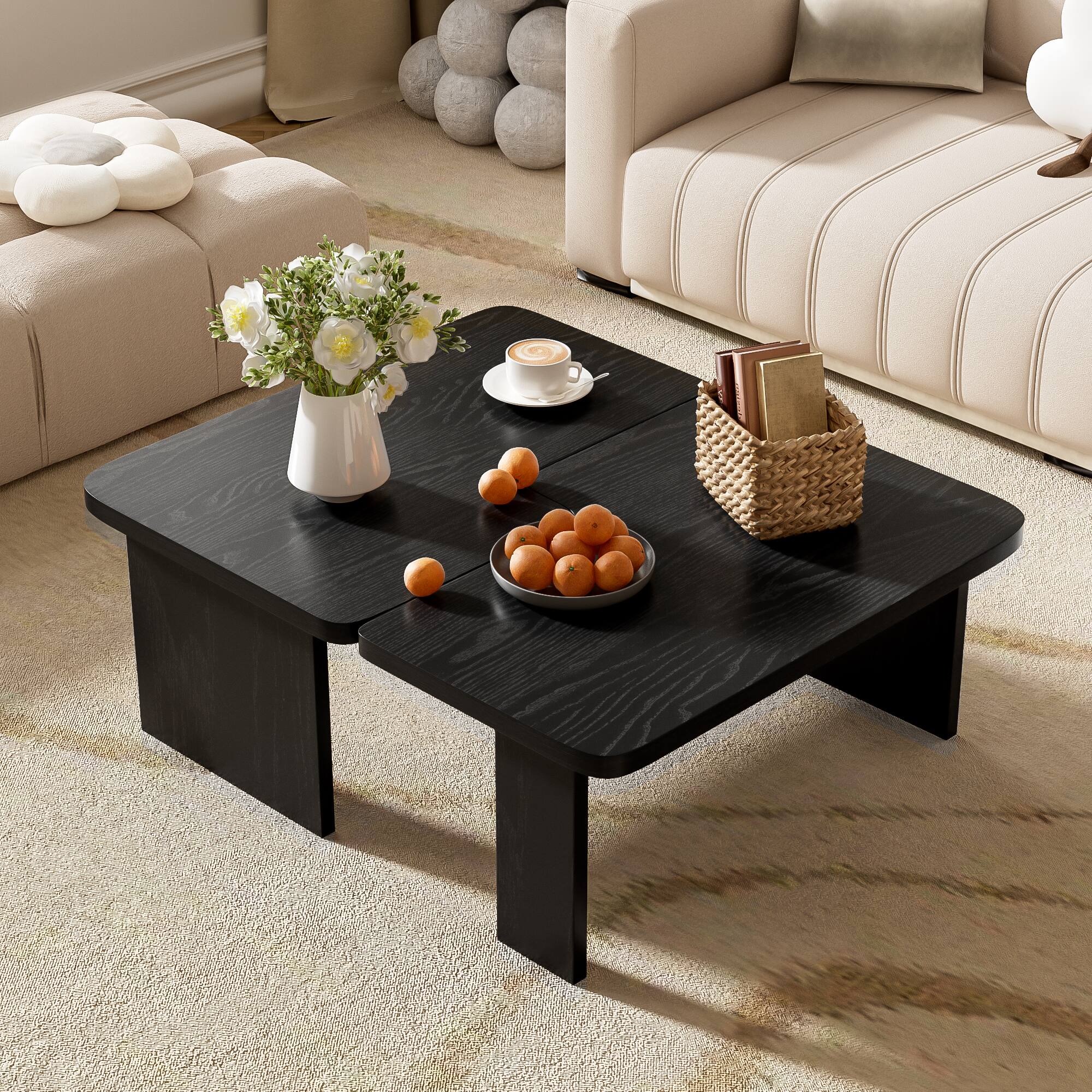 Angle. APRILSOUL - Round Wood Coffee Table Living Room Small Space Apartment No Need Assembly - Black.
