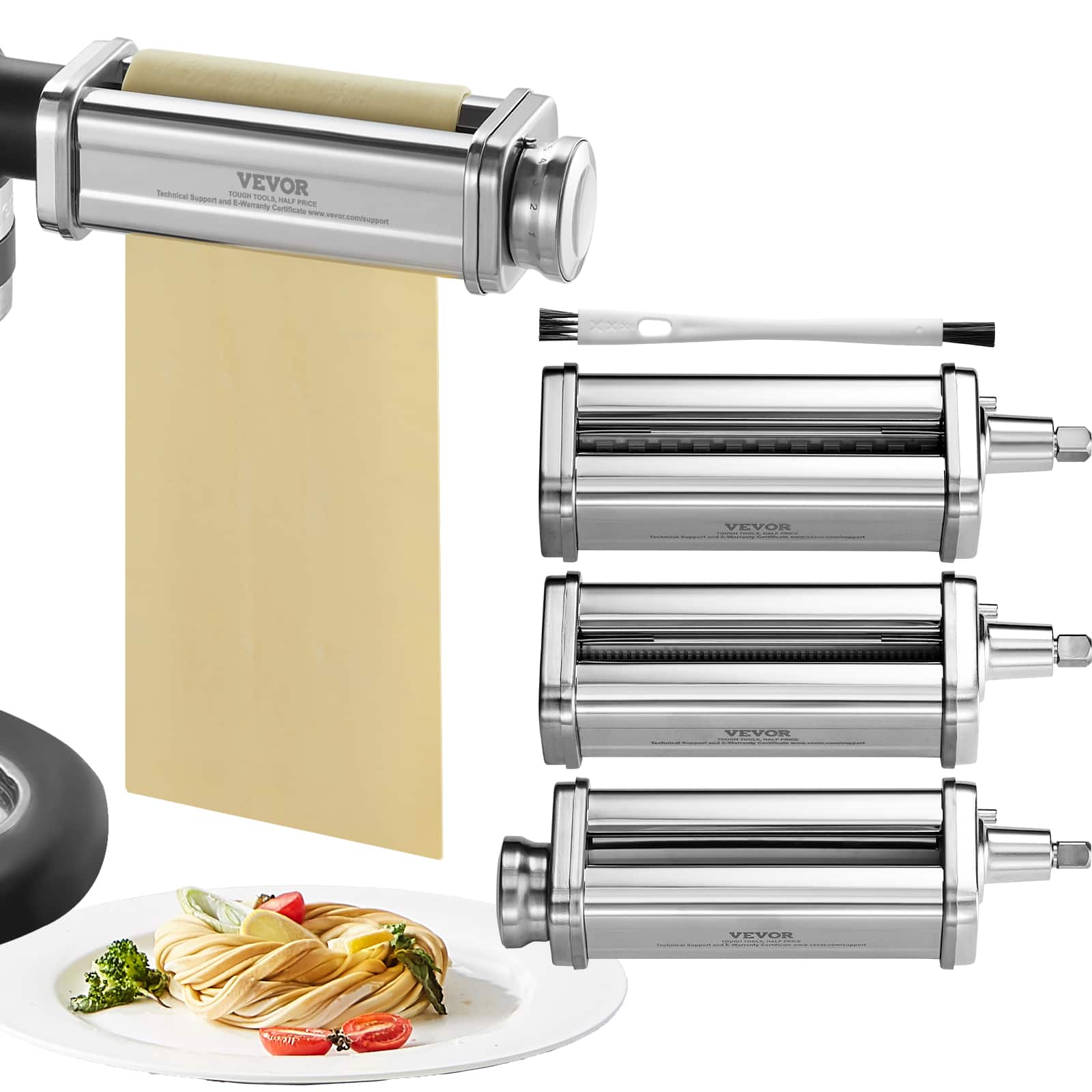 VEVOR - Pasta Attachment for KitchenAid Stand Mixer, Stainless Steel Pasta Roller Cutter Set ,8 Adjustable Thickness Knob, 3Pcs - Black,Silver
