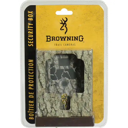 The corrected text is: "BOX SECURITY BROWNING TRAIL CAMERAS PROTECTION DE 20 BOTIER."