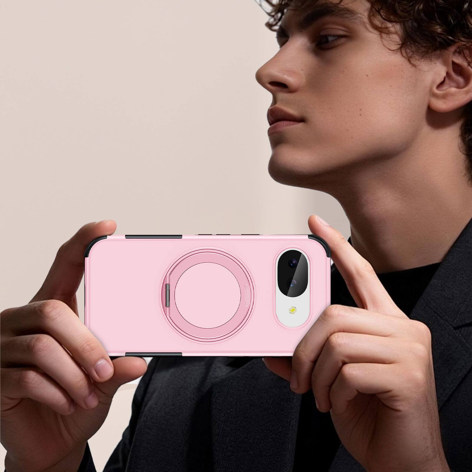 Back. Dteck - Magnetic Shockproof Case for Google Pixel 10a, 360 Rotating Ring Stand Non Slip Cover with Raised Edge Protection - Pink.